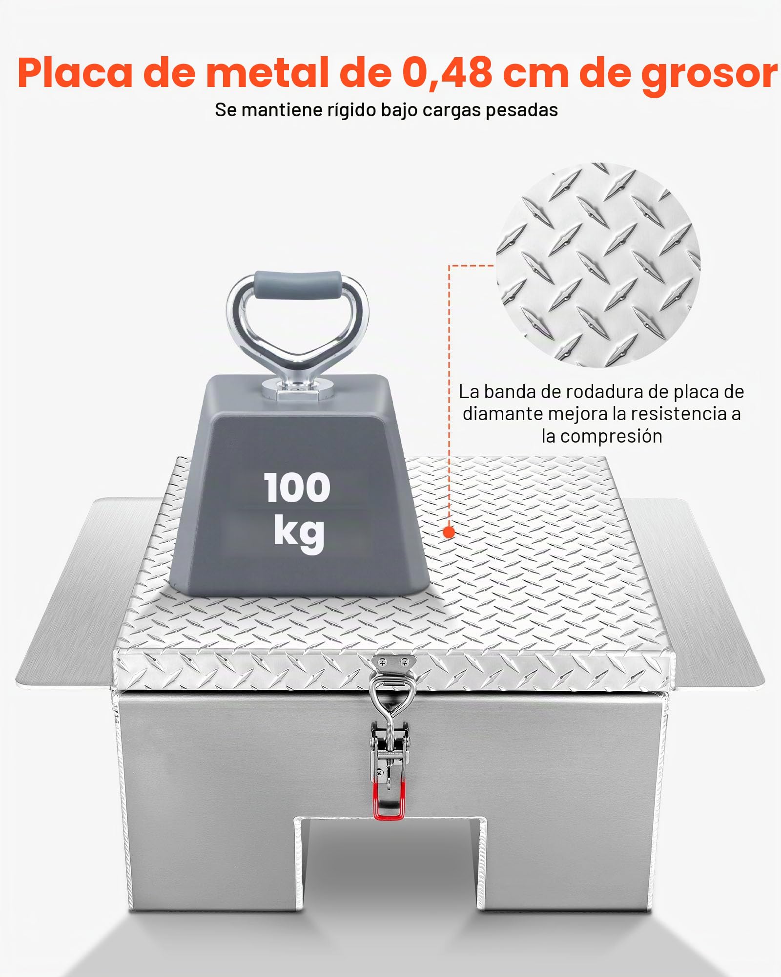 VEVOR Caja de Herramientas para Caja de Camioneta, de Aluminio, con Placa de Diamante, Soporta hasta 100 kg, Ideal para Camioneta, RV, Remolque, 770 x 610 x 310 mm, Carga Máxima 100 kg, Plata
