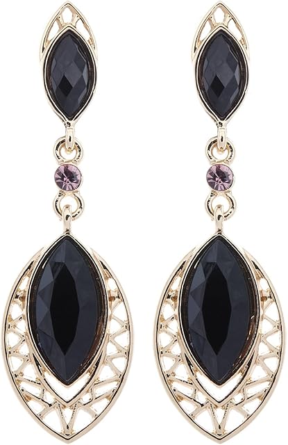 Clip On Earrings - Gold Plated Drop Earring With Black Crystals - Velma