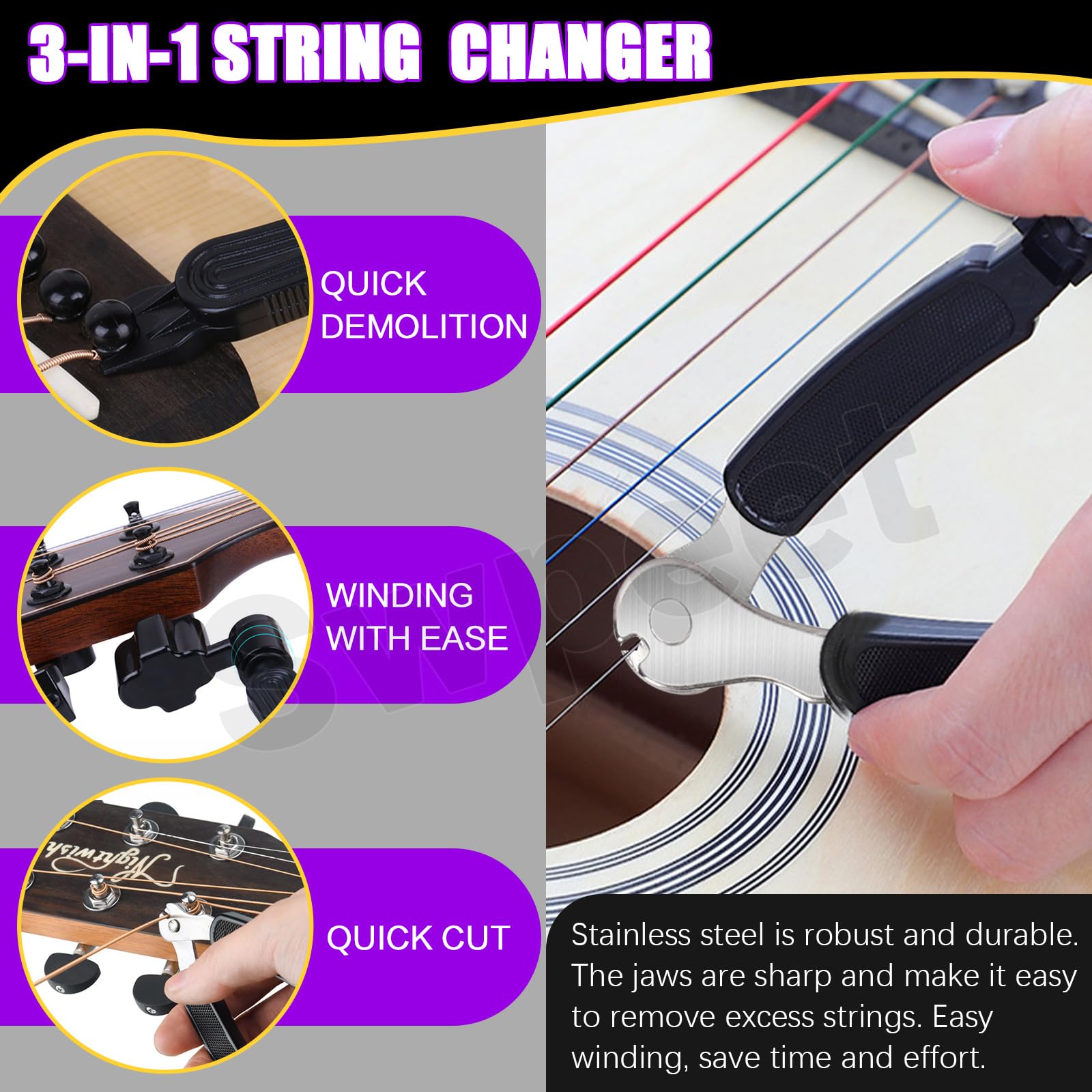 Swpeet 57Pcs Kit de accesorios de guitarra - Incluye Picks, cuerdas, Capo, Cortador de cuerdas, pasadores de puente, Pick Holder, huesos sillín y tuerca, protectores de dedos para guitarristas
