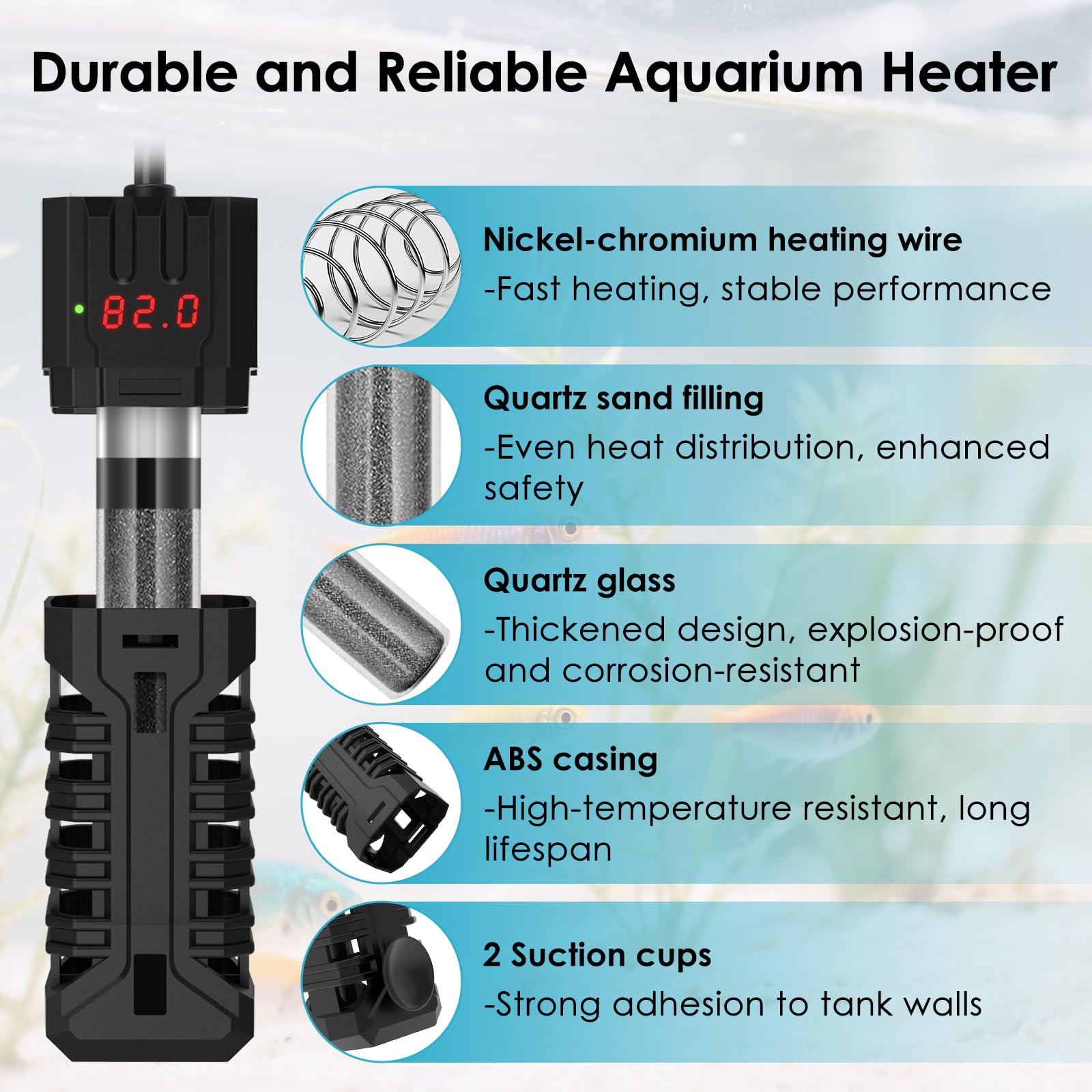 Chauffage d'aquarium 100 W, chauffage d'aquarium réglable, avec affichage numérique, protection contre la surchauffe et protection contre la course à sec, pour eau de 37 à 78 litres