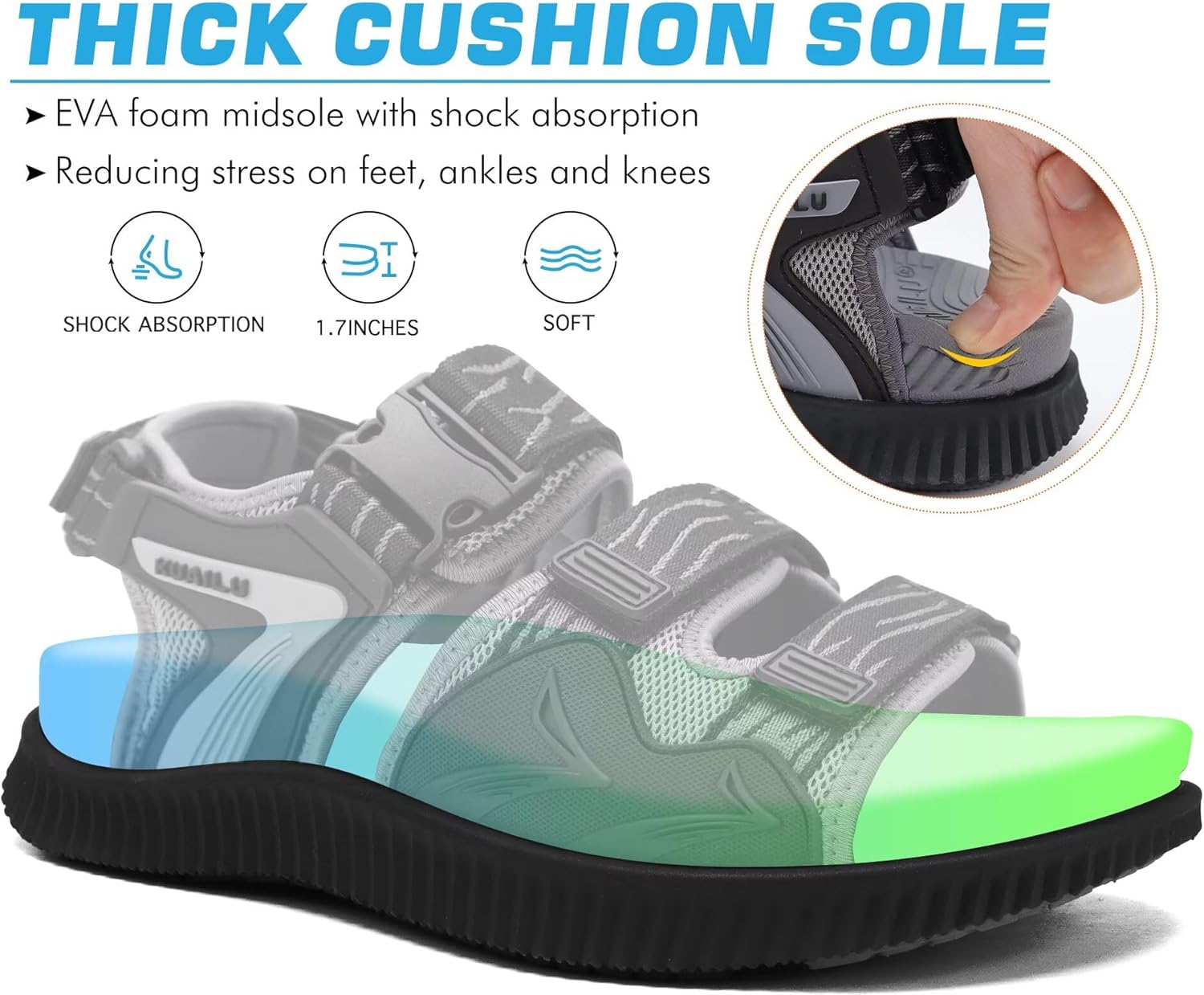 KuaiLu Mens Hiking Sandals with Arch Support Orthopedic Walking Recovery Sandals for Plantar Fasciitis Open Toe Summer Athletic Sport Comfortable Cushion Breathable Outdoor Water Sandals Size7-13 - Image 4