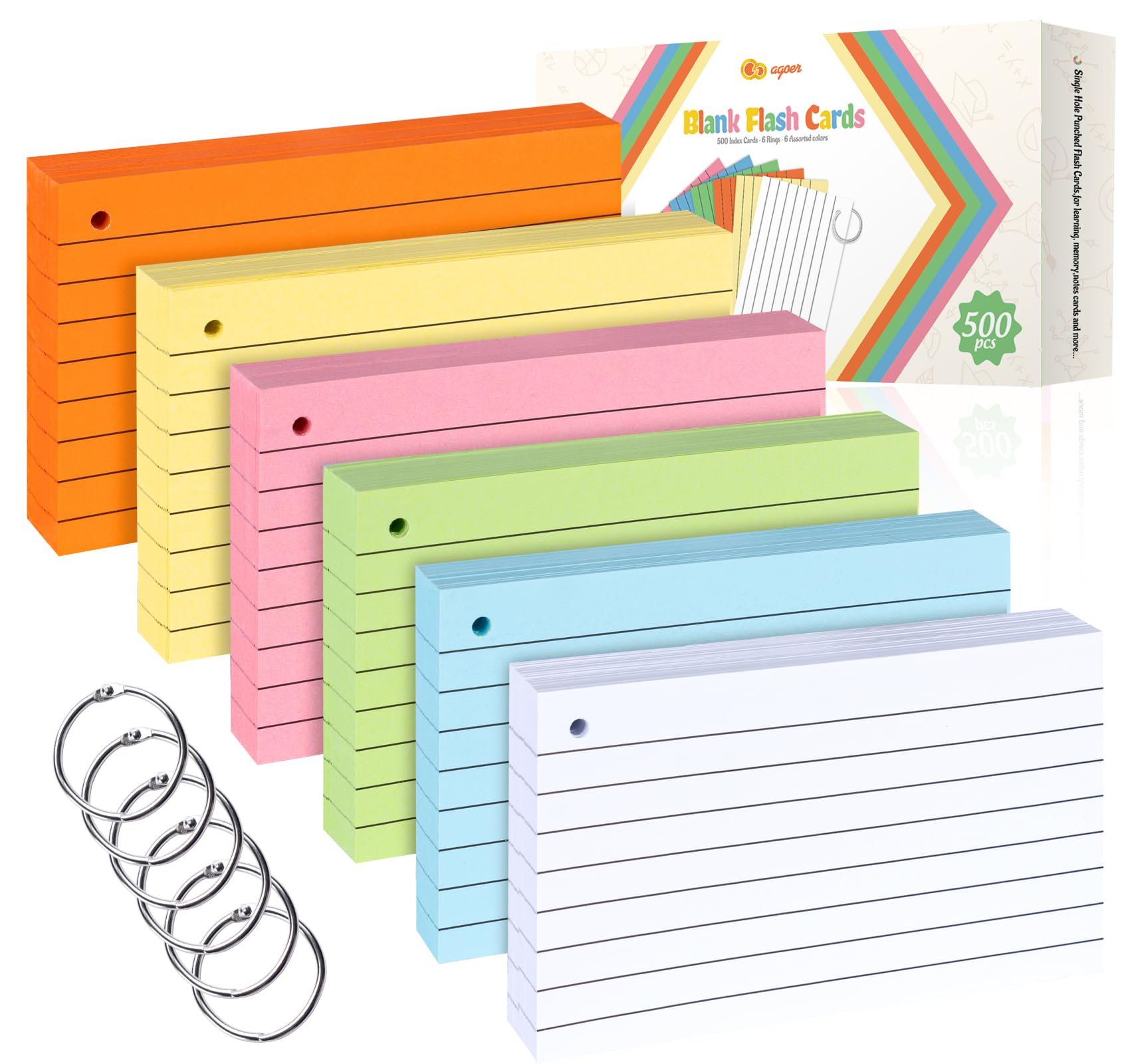 Agoer 500PCS Index Cards with Ring,3 x 5 Inches Flash Cards,Punched Lined Flashcards,Heavy Study Note Card,Vocabulary Cards,Colored Ruled Note Cards for Office,School,Home,Learning,College