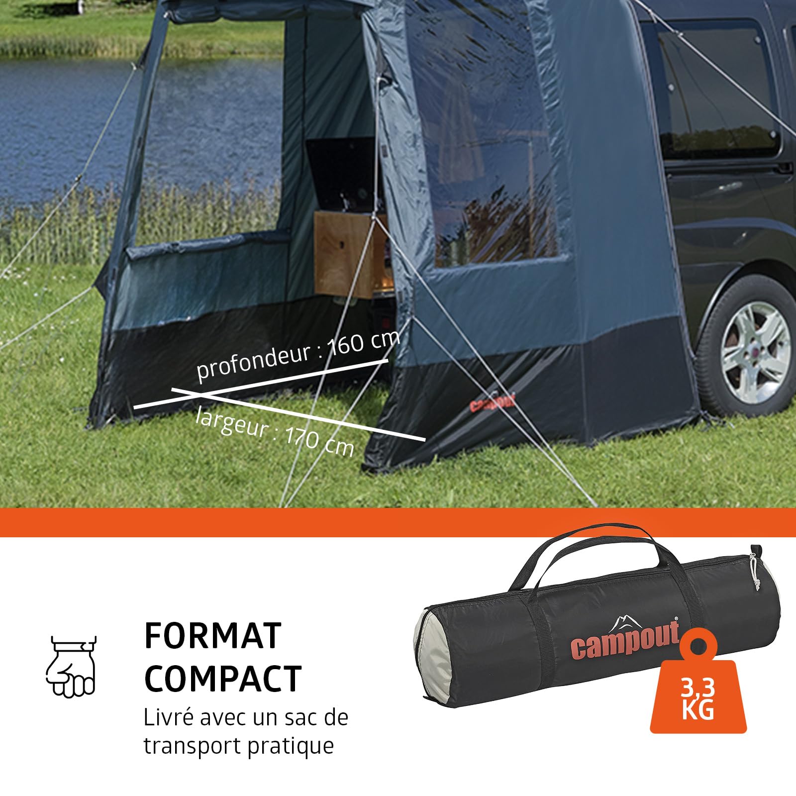 Campout Tente Hayon Voiture – Tente Coffre Camping – 3000 mm Étanche – Espace Abrité Supplémentaire – INCL. Poteaux d’Auvent – Hauteur 175–190 cm