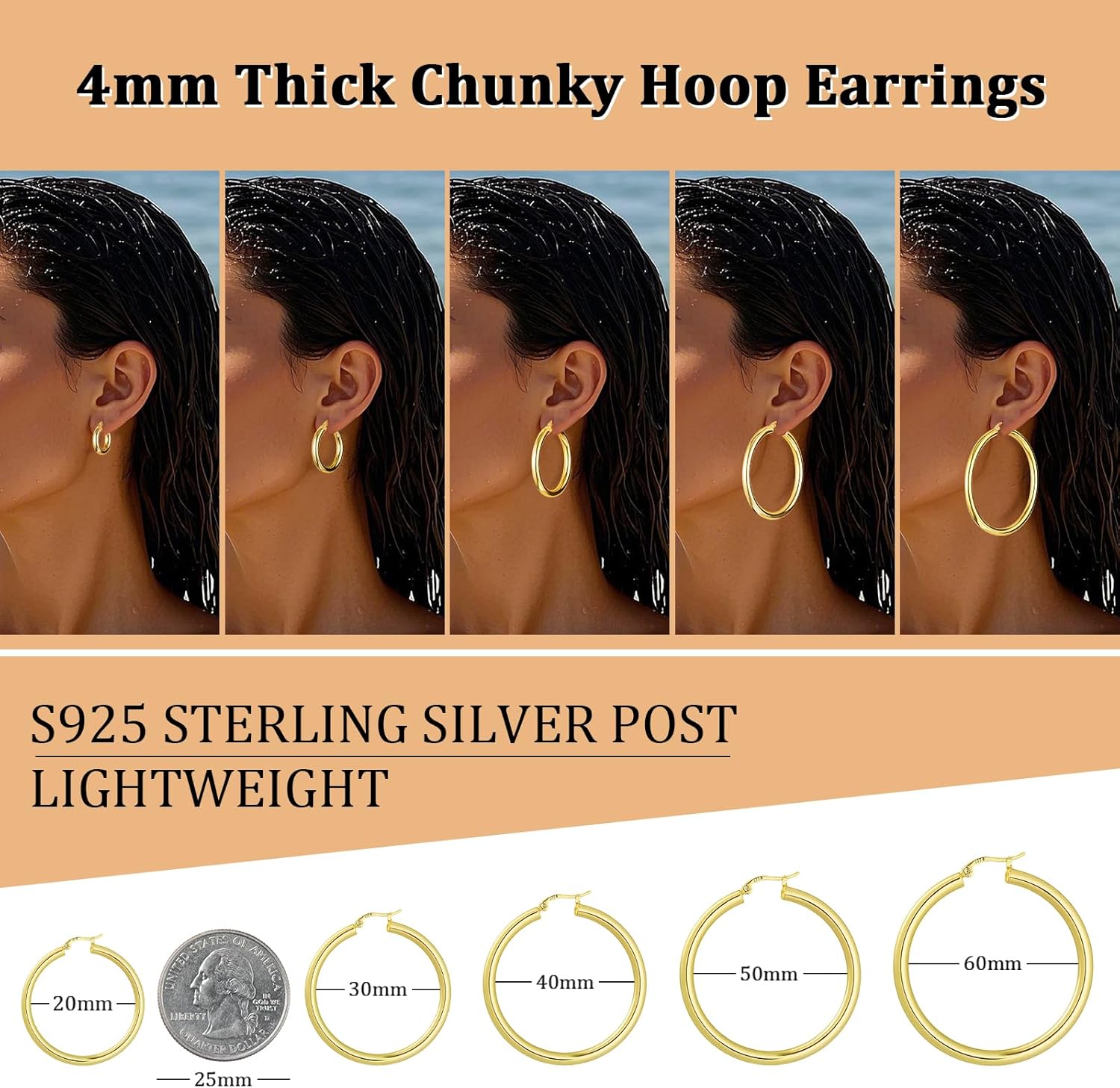 Hoop Earrings for Women, 18K Gold Plated Hoops Earrings, Hypoallergenic Lightweight Comfort Hollow Tube Hoops with Secure Push Lock, Chunky and Sleek Gold Hoops Large Earrings 20/30/40/50/60MM - Image 6