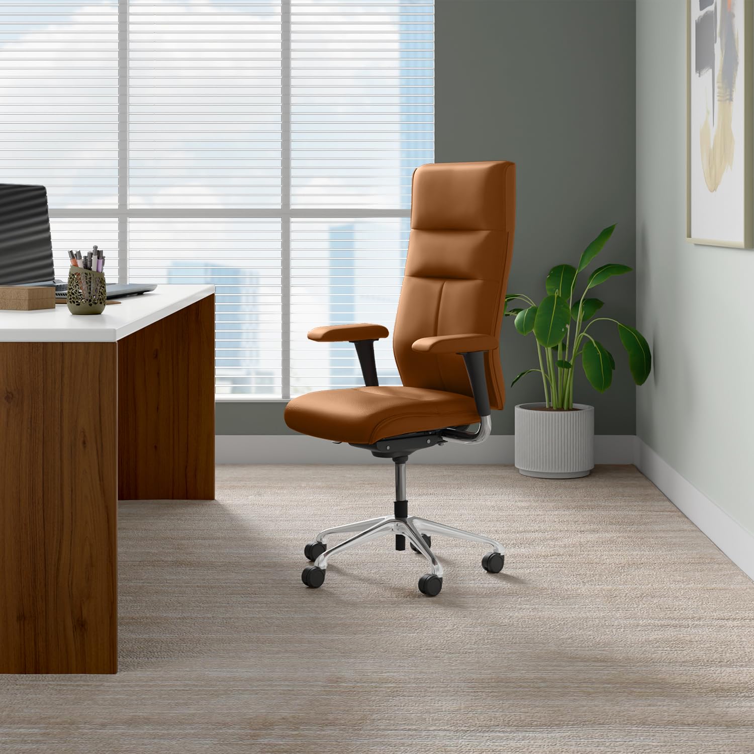 Interio by Godrej La Sede High Back Leather Executive Chair Dark Tan, 5 Position Tilt Limiter-image-22