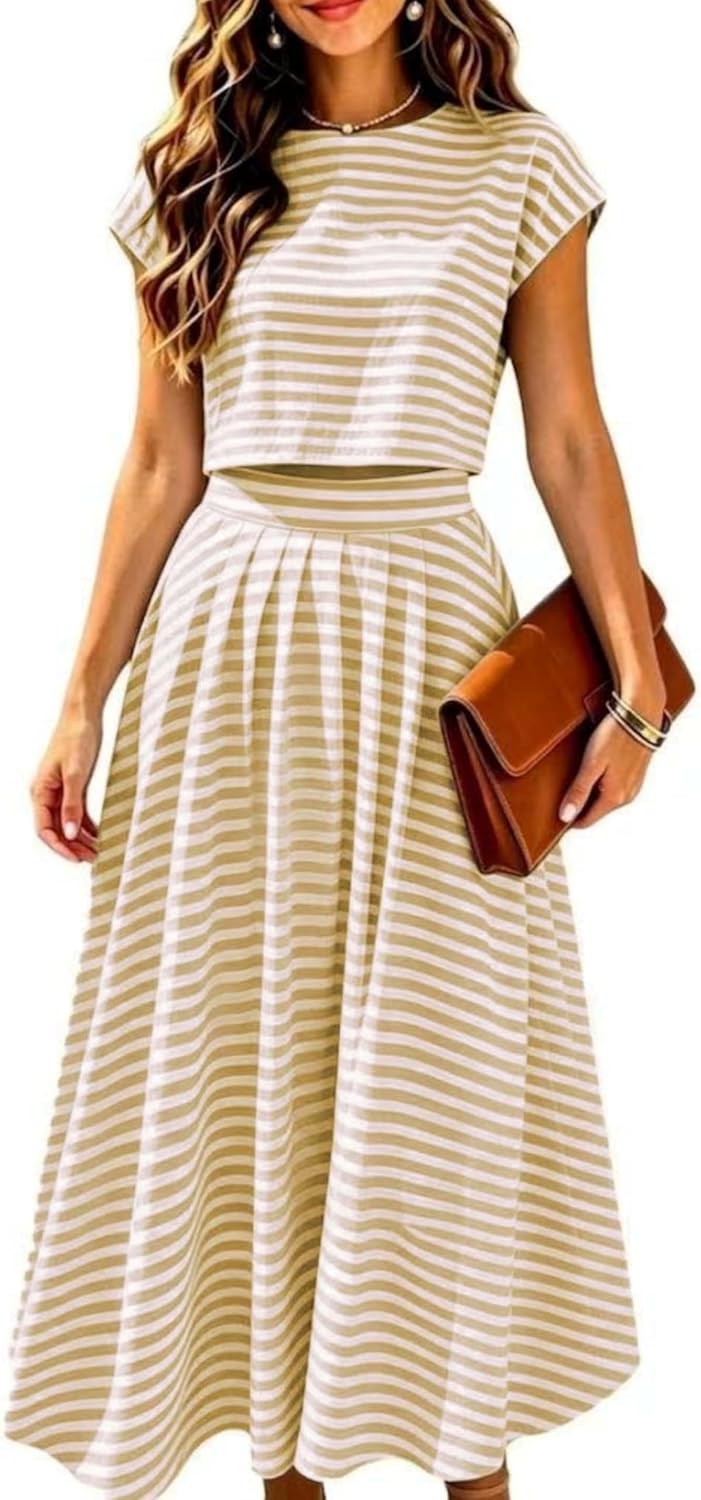 Zontroldy Women's Summer 2 Piece Outfits Striped Skirt Sets Cap Sleeve Crop Top Midi Dress Matching Travel Outfits