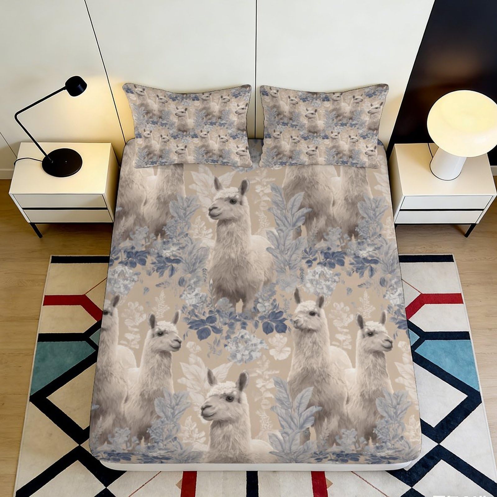 3D Printed Llama Nature Fitted Sheet Microfiber Bedroom Decor Floral Mattress Cover for Home Dorm Easy Care 90x200x25cm
