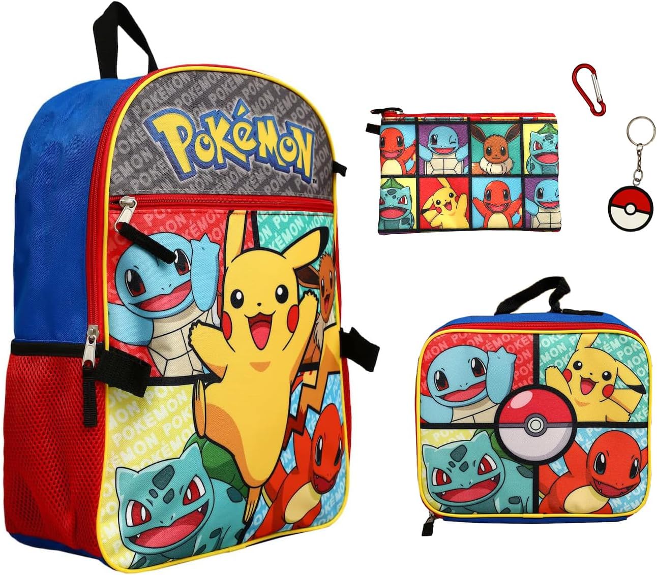 Pokemon 5 Piece Backpack Set Supply Case Key Chain Pendant Kids School Travel Backpack Set 16"