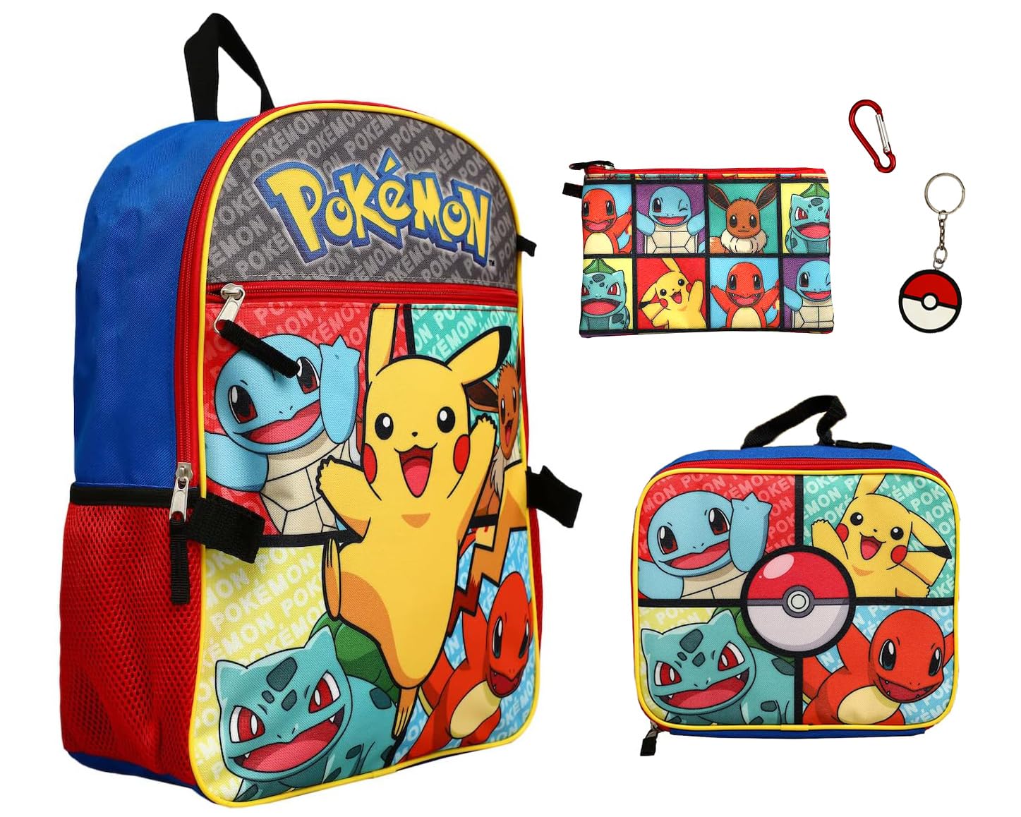 Bioworld Pokemon 5 Piece Backpack Set Supply Case Key Chain Pendant Kids School Travel Backpack Set
