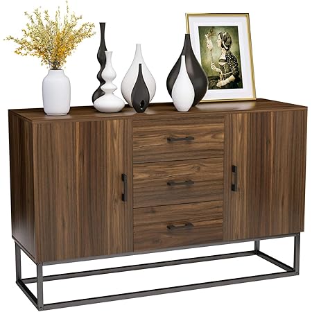 Amazon Com Mecor Kitchen Sideboard Buffet Storage Cabinet Industrial Modern Server Collective Design 2 Doors And 3 Drawers W Stable Iron Frame Walnut Brown Buffets Sideboards