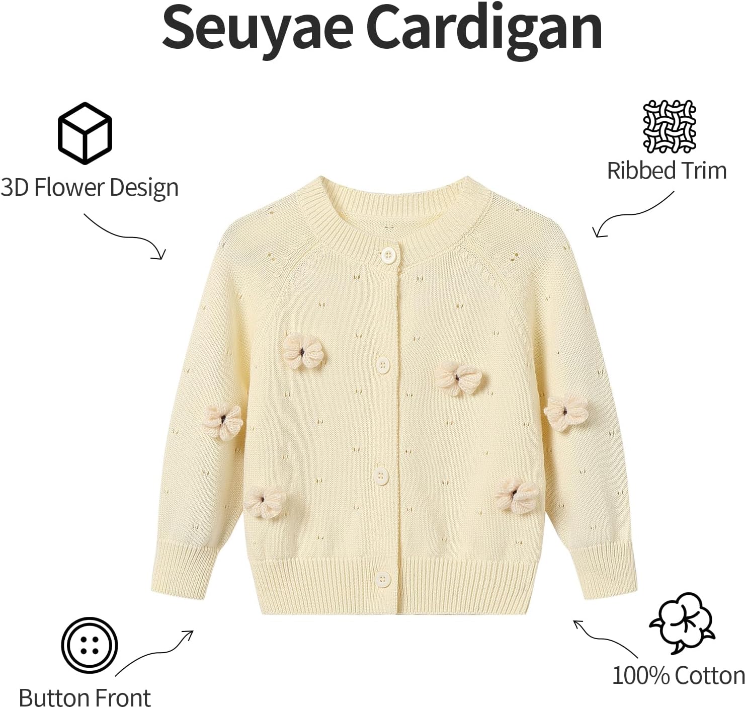 Baby Girl Cardigan 3D Floral Crewneck Cotton Knit Sweater Cardigans 12M-5Y - Image 3
