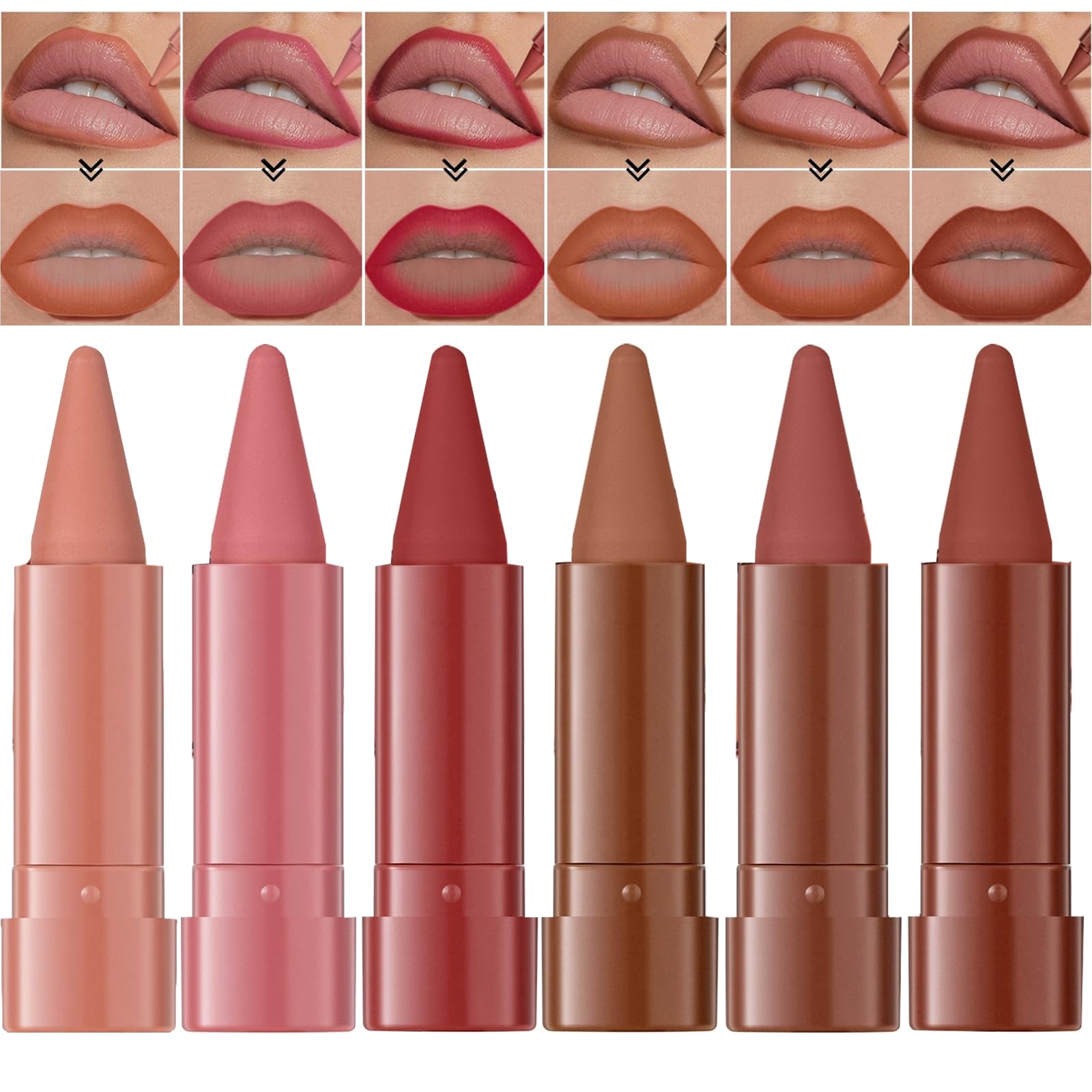 Jolilab 6PCS Lip Liner Lipstick Mini Set, Gradient Matte Nude Velvet Lip Liner Pencil High Pigmented Long Lasting Natural Smooth Lip Makeup
