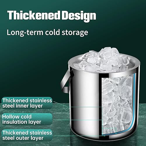 Miniatura 2 de Cubo de hielo con doble aislamiento de acero inoxidable 304 con tapa, colador, mantiene los cubos de hielo fríos y secos, cómoda asa de transporte