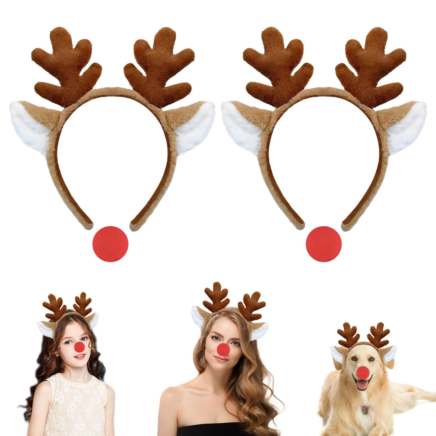 Plush Animal Ears Headband Costume Set for Adults, 4Pcs Cute Costume Headwear Set Reindeer Antlers Headband Red Nose for Face Washing, Makeup, Halloween Party, Cosplay, Short stubby antlers, Brown