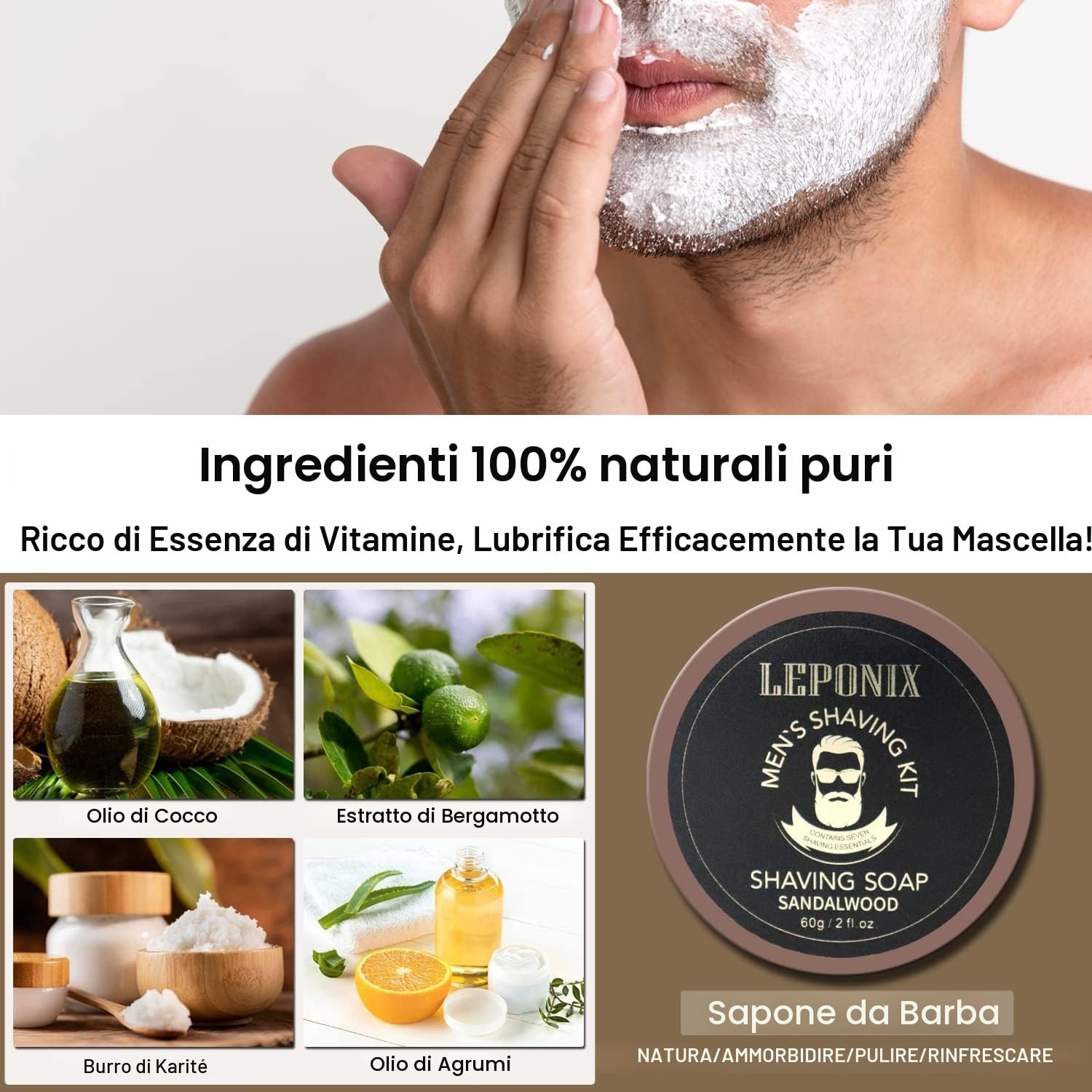 Kit Uomo Rasoio, Sapone, Crema, Olio, Dopobarba, Pennello e Ciotola - Set da Barba Completo