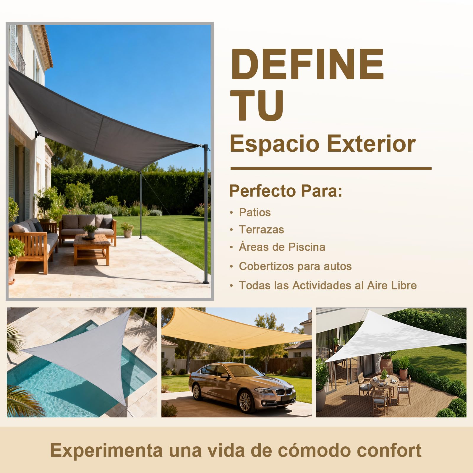 HENG FENG Toldo Vela de Sombra Rectangular 3x4m, PES 160 g/m² Impermeable, 95% Bloqueo UV, para Exterior en Terraza, Jardín, Patio - Incluye Cuerda de Fijación - Color Arena