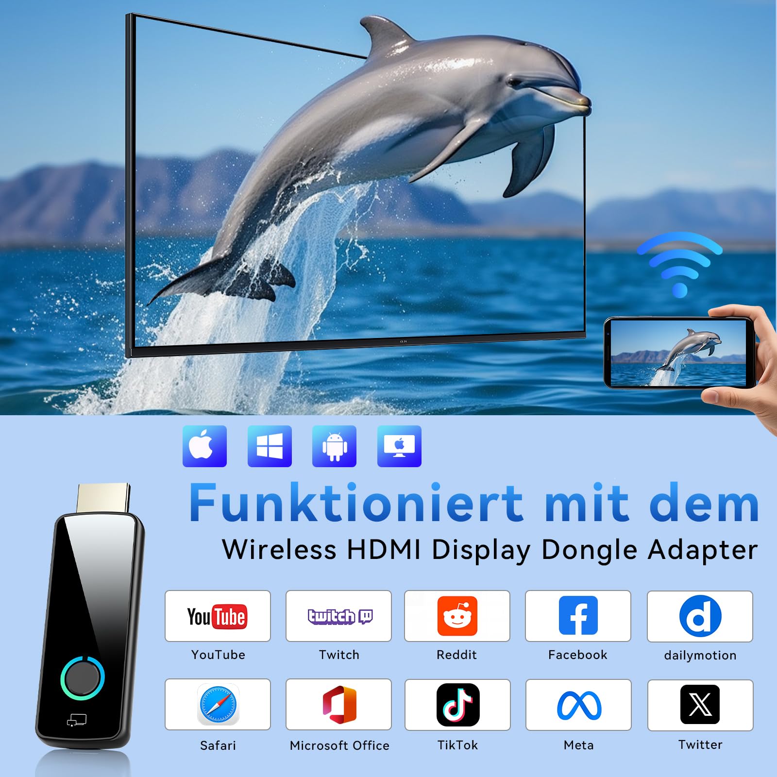 4K Kabelloser Display Adapter, Wireless HDMI Streaming, Airplay, Miracast, DLNA, Home, 5 GHz WLAN, Plug & Play für Smartphone, Tablet, PC/Mac