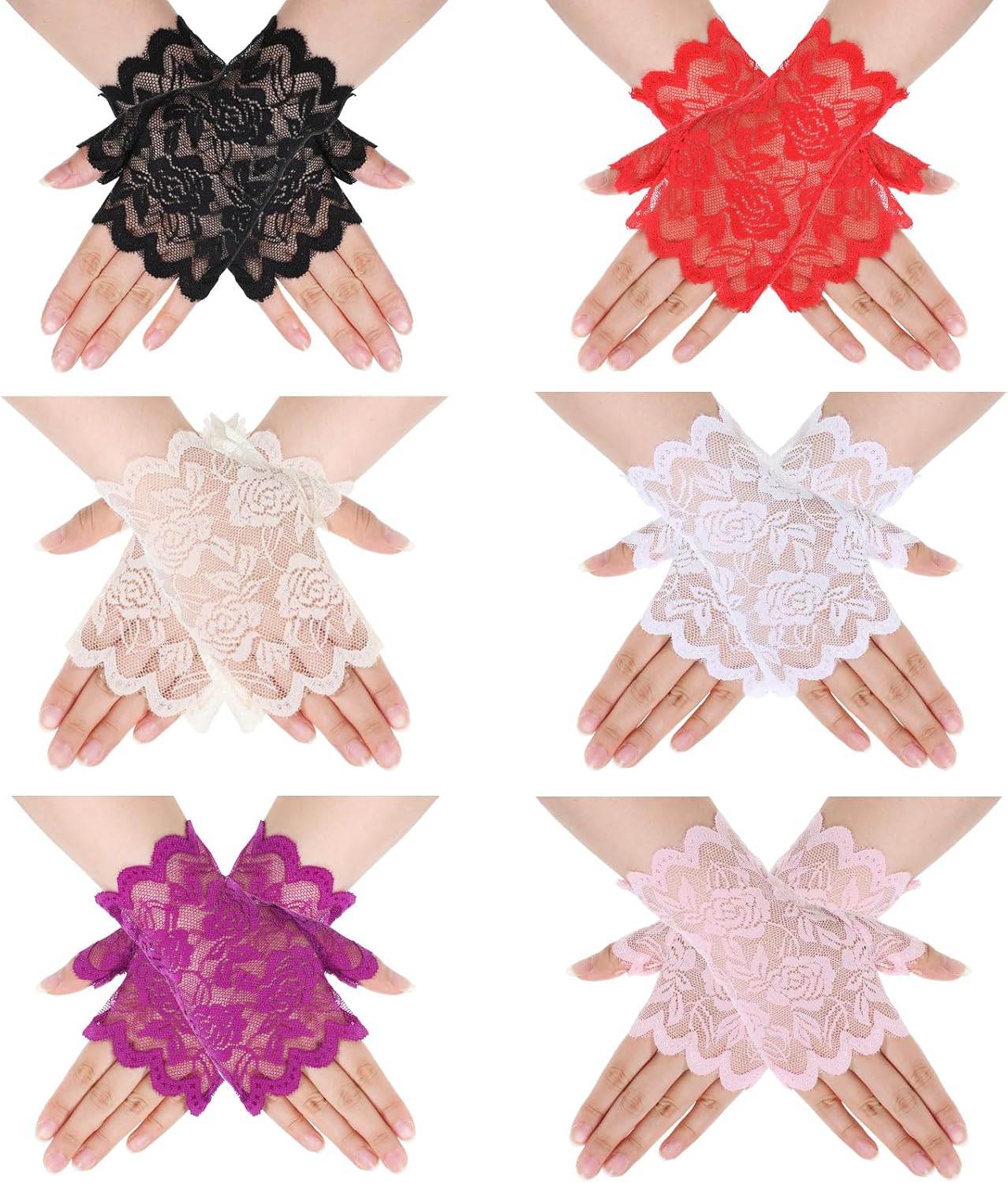 6 Pairs Women's Short Lace Gloves, Fingerless Wedding Gloves Elegant Floral Lace Mesh Glove for Bridal Wedding Opera Tea Party Cosplay Costumes Accessories