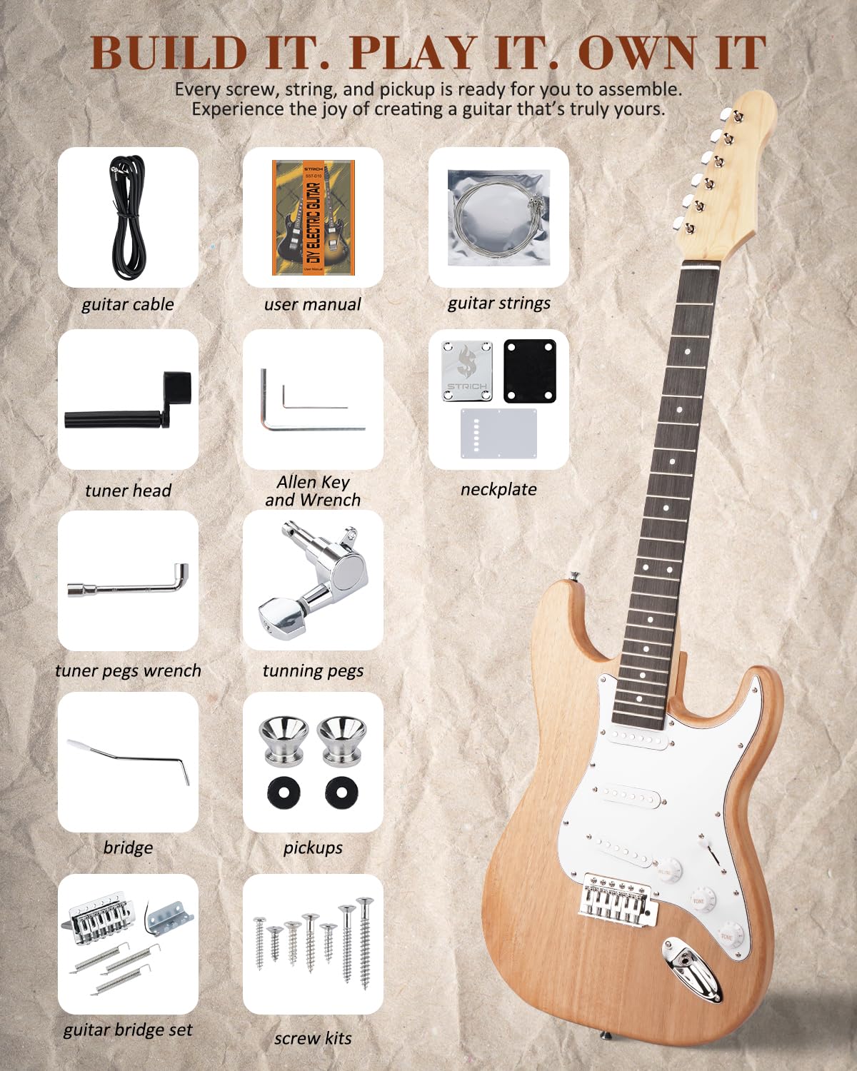 STRICH Kit de guitarra eléctrica de bricolaje, cuerpo de caoba estilo ST y guitarra de cuello de arce con pastillas SSS, kit fácil de montar con todas las piezas incluidas, construye tu propia