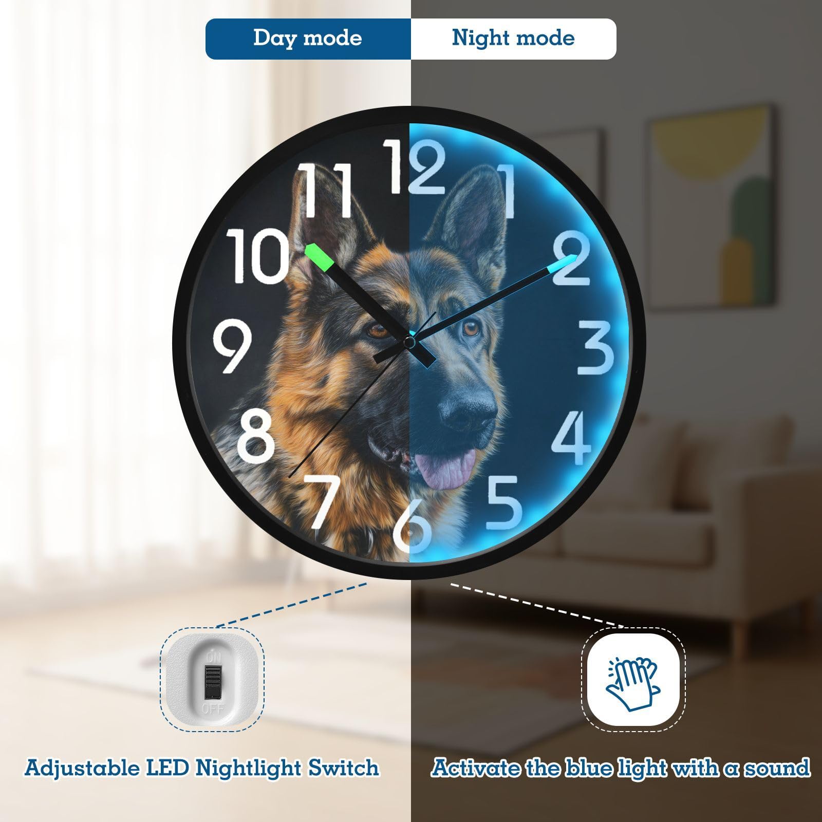 30,5 cm LED-Wanduhr mit Nachtlicht, Deutscher Schäferhund, Hochformat, batteriebetrieben, große Klangsteuerung, runde Uhr, leuchtet im Dunkeln, für Zuhause/Küche/Schlafzimmer/Büro/Café