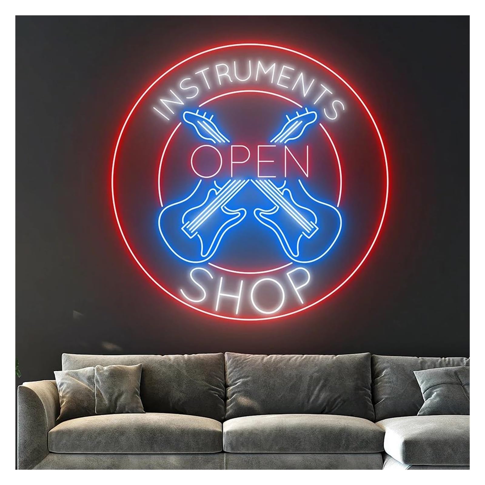 Scritta luminosa Insegna Per Negozio Di Strumenti Musicali, Chitarra Elettrica Aperta, Rock And Roll, Studio Di Musica Dal, Decorazione Per La Stanza 60x60cm