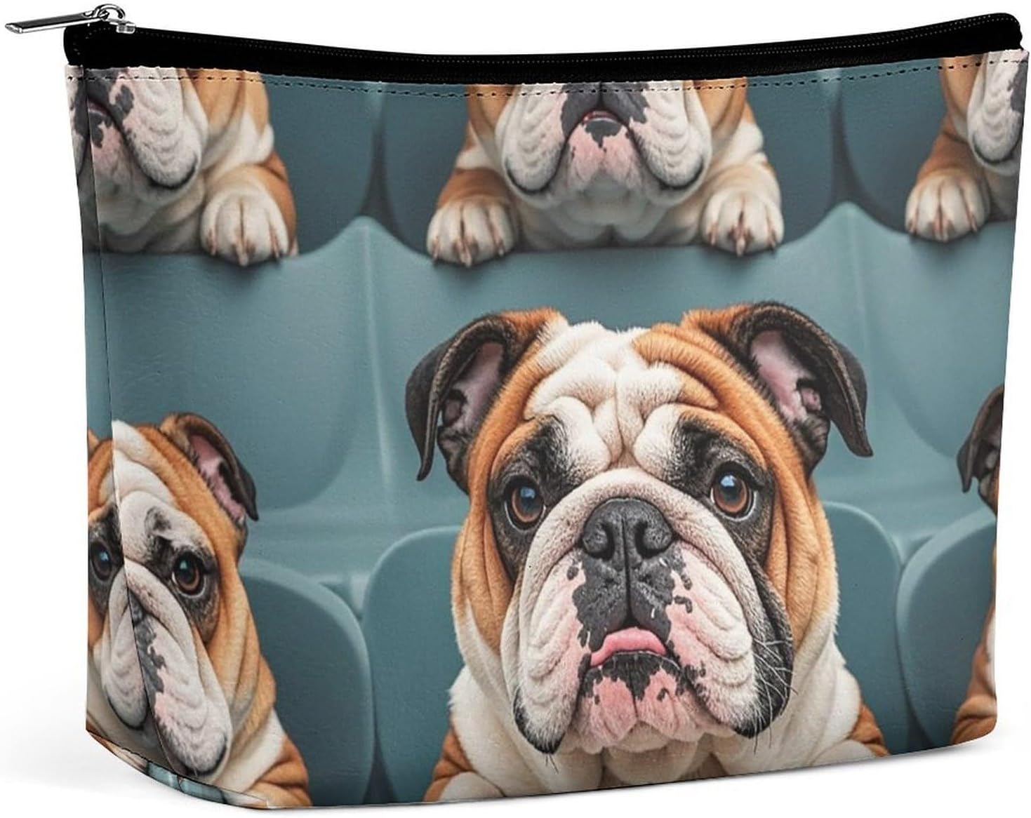 PU Leather Funny English Bulldog Makeup Bag with Metal Zipper
