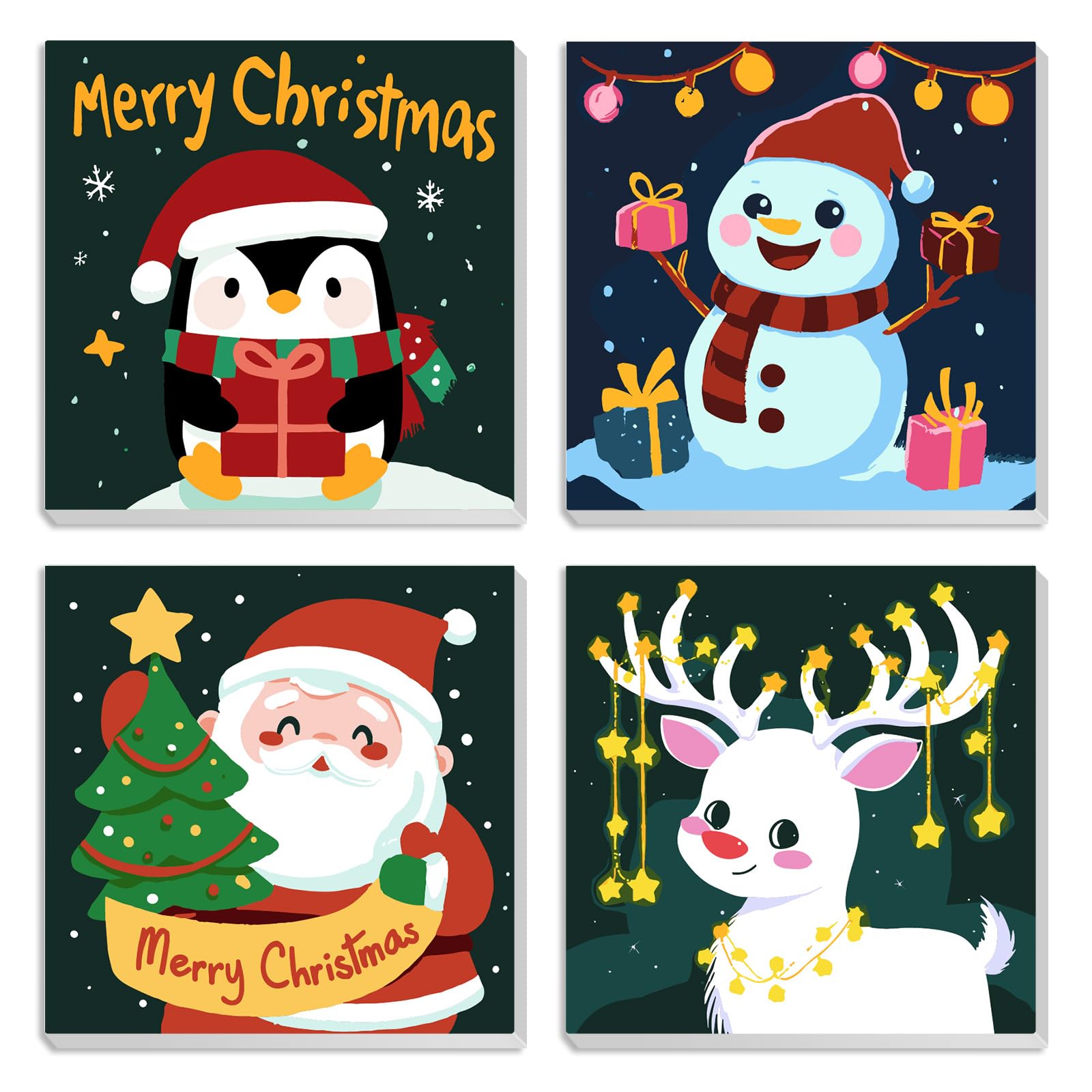 MOTGOM 4 Pack Paint by Numbers Kits for Adult with Frame Wooden Easel, Christmas Cartoon Arts and Crafts Kit for Adults Beginner, DIY Paint by Numbers for Adults for Gifts Home Wall Decor 20x20cm