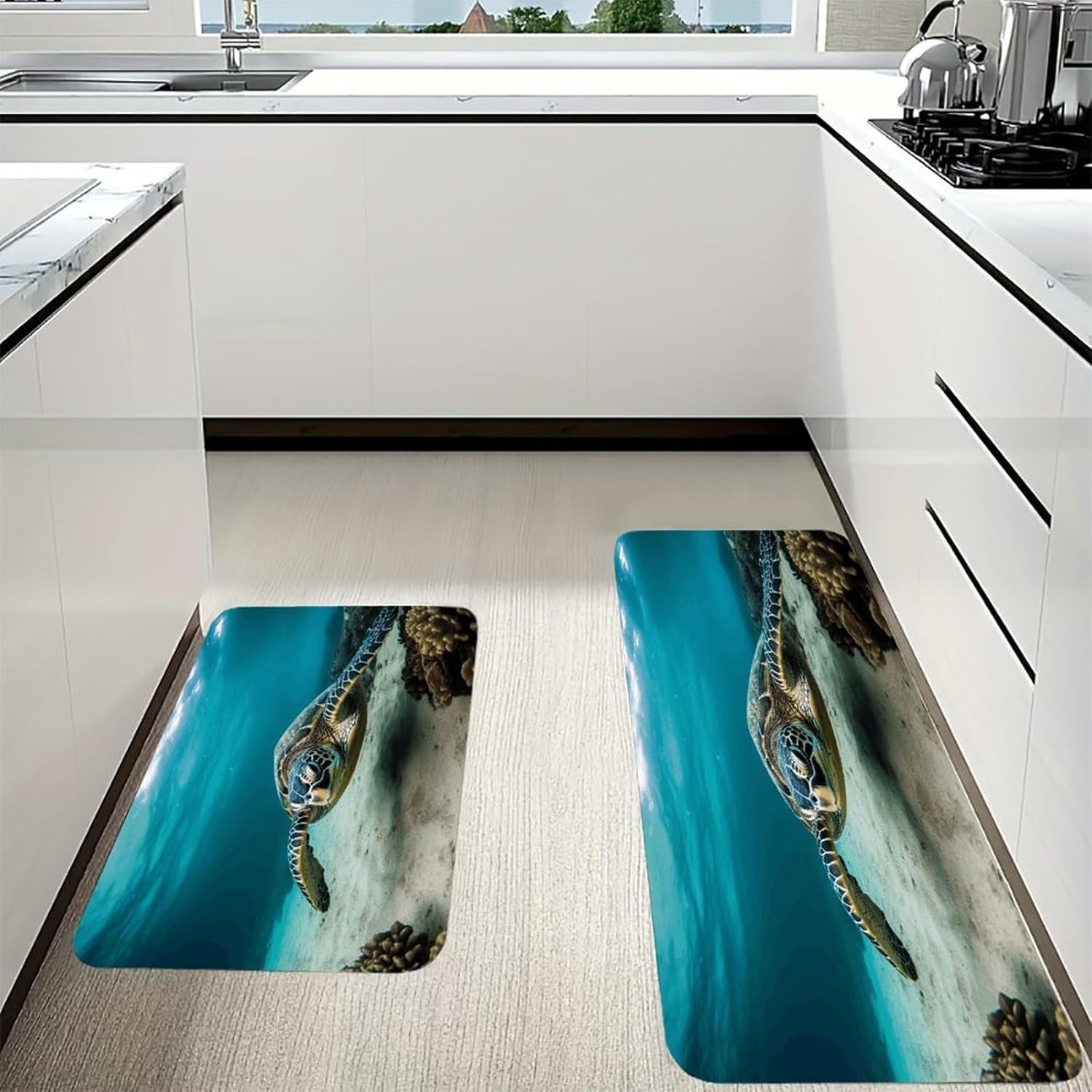 Underwater Diving Sea Turtle Kitchen Mat Washable Non Slip Rugs Soft Kitchen Mats for Floor Set of 2 PCS Cushioned Absorbent Runner Standing Rugs for Home Sink Laundry Office