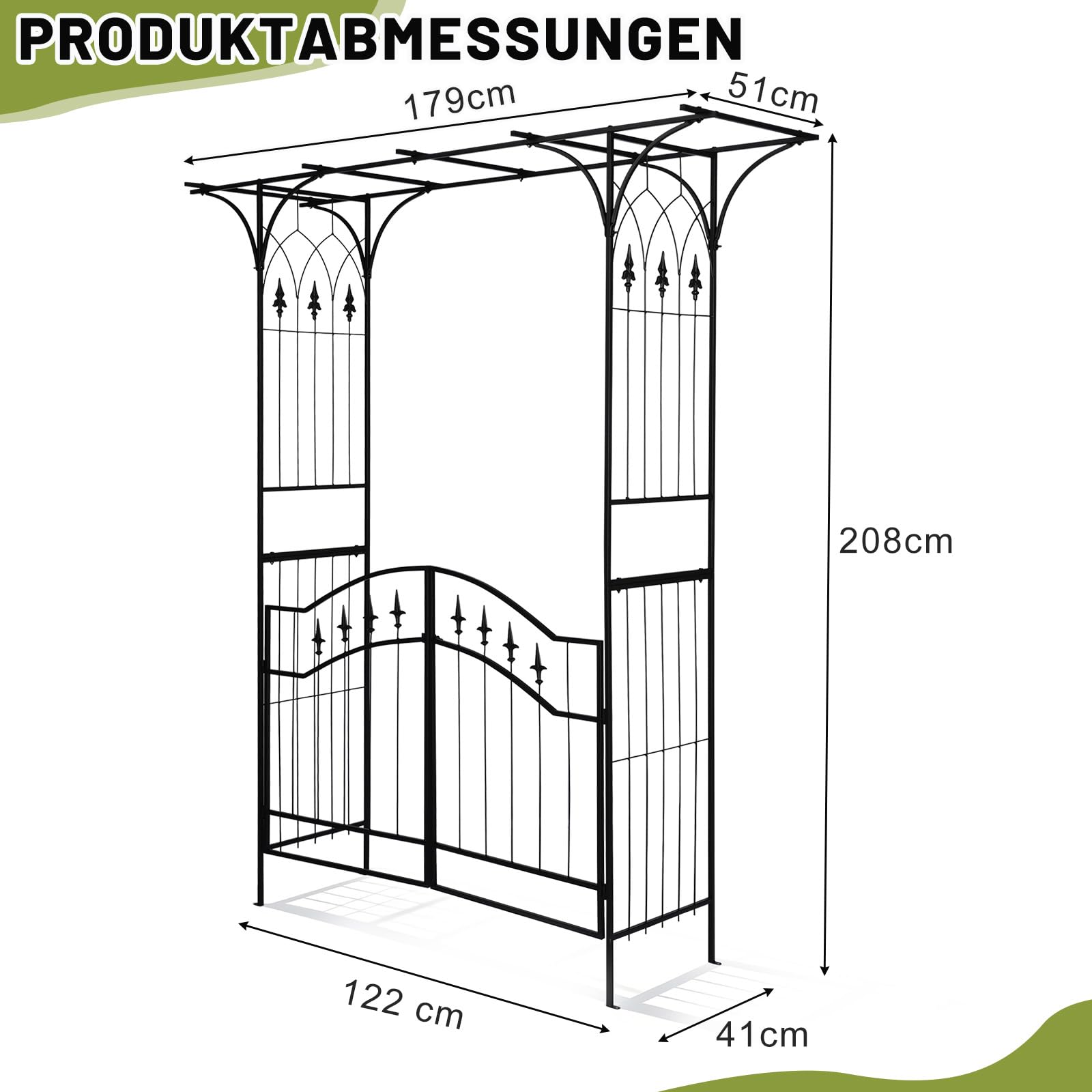Rosenbogen mit Tür in Schwarz - Rosenbogen aus Metall stabil 179 × 51 × 208 cm, Einzigartige und Elegante Flachdachkonstruktion, Rankgitter geeignet für Kletterpflanzen
