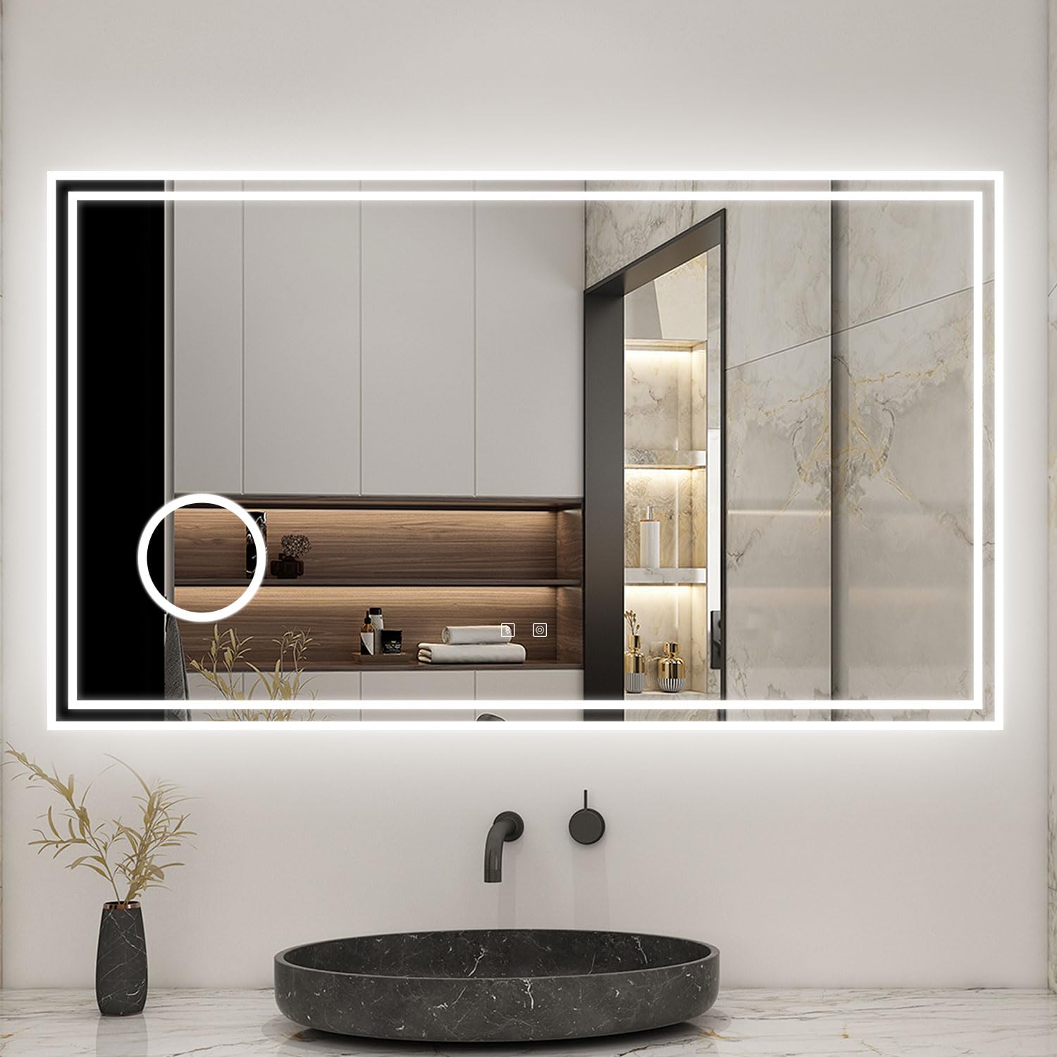 Espejo de baño con luz LED,120 x 70 cm, AICA Espejo, con luz led 3 Colores, función antinieble, Memoria agapada, Bluetooth, Lupa con Aumento de 3X y Brillo Ajustable. Diseño Moderno.