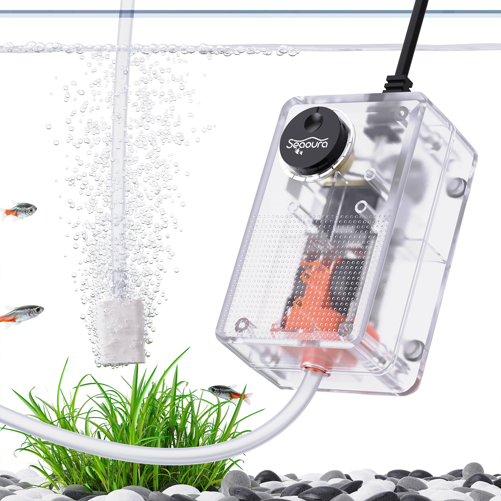 SEAOURA Aquarium Air Pump, Adjustable Fish Tank Bubbler, 2W/24GPH Quiet Air Bubbler for Aquarium, Oxygen Aerator Pump Single Outlet with Air Stone &amp; Tubing Accessories, 5-30 Gallon
