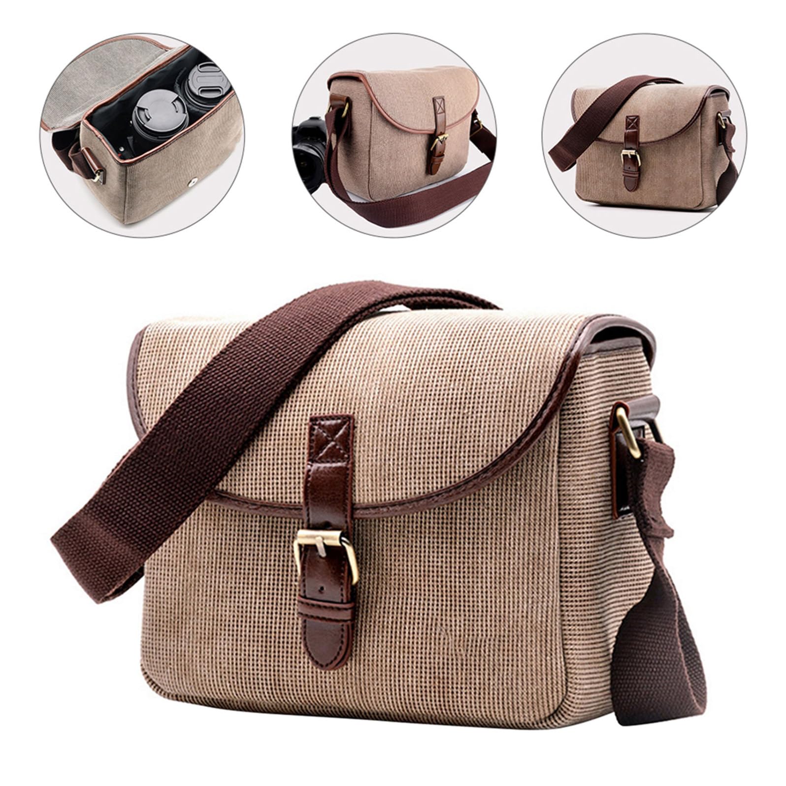 Borsa Fotografica Tracolla Khaki in Canvas Apertura Flip-open | Partizione Imbottita Rimovibile, Cinghia Regolabile, Accesso Rapido per Fotografi in Viaggio