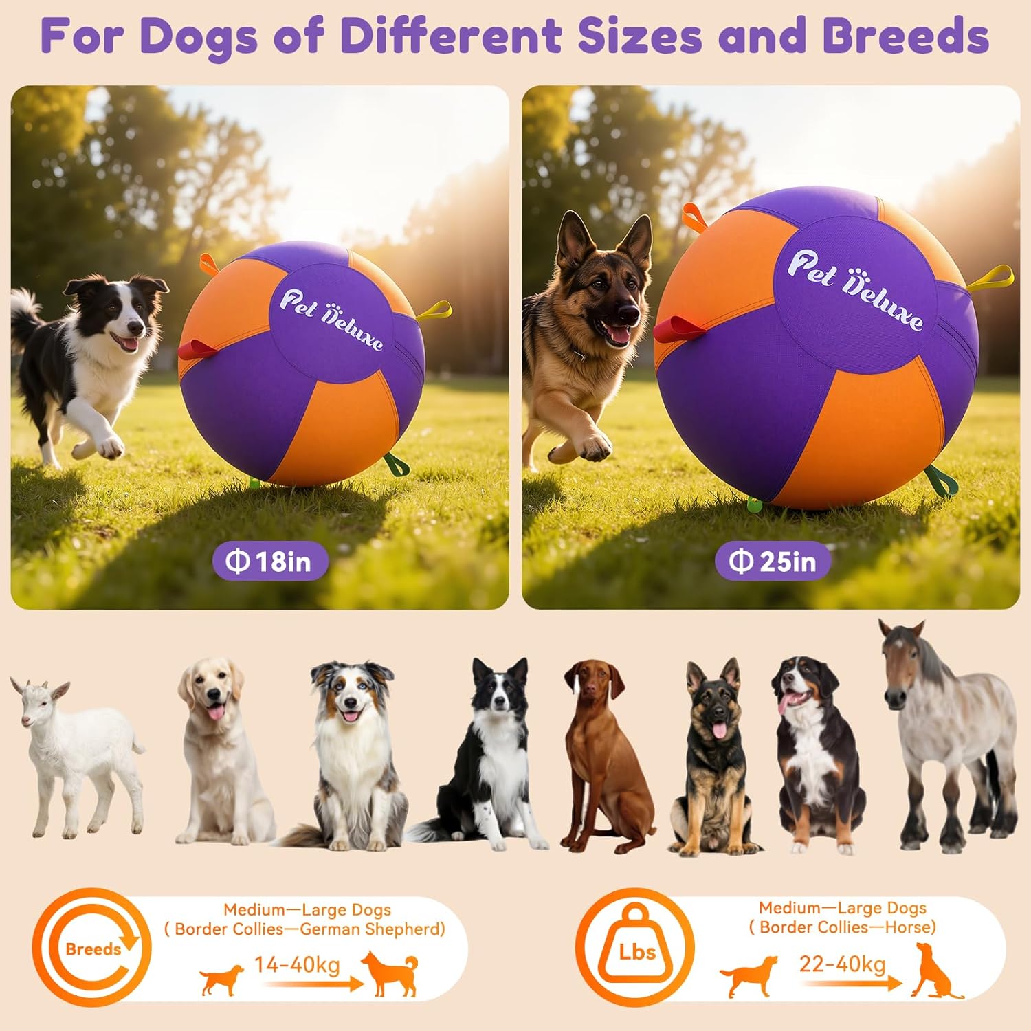 Pet Deluxe 25" Herding Ball for Large Dogs - Durable Interactive Herding Toy with Fast 2.5-Min Pump & Carry Handles, for Australian Shepherd, Border Collie, Outdoor Training & Backyard Play