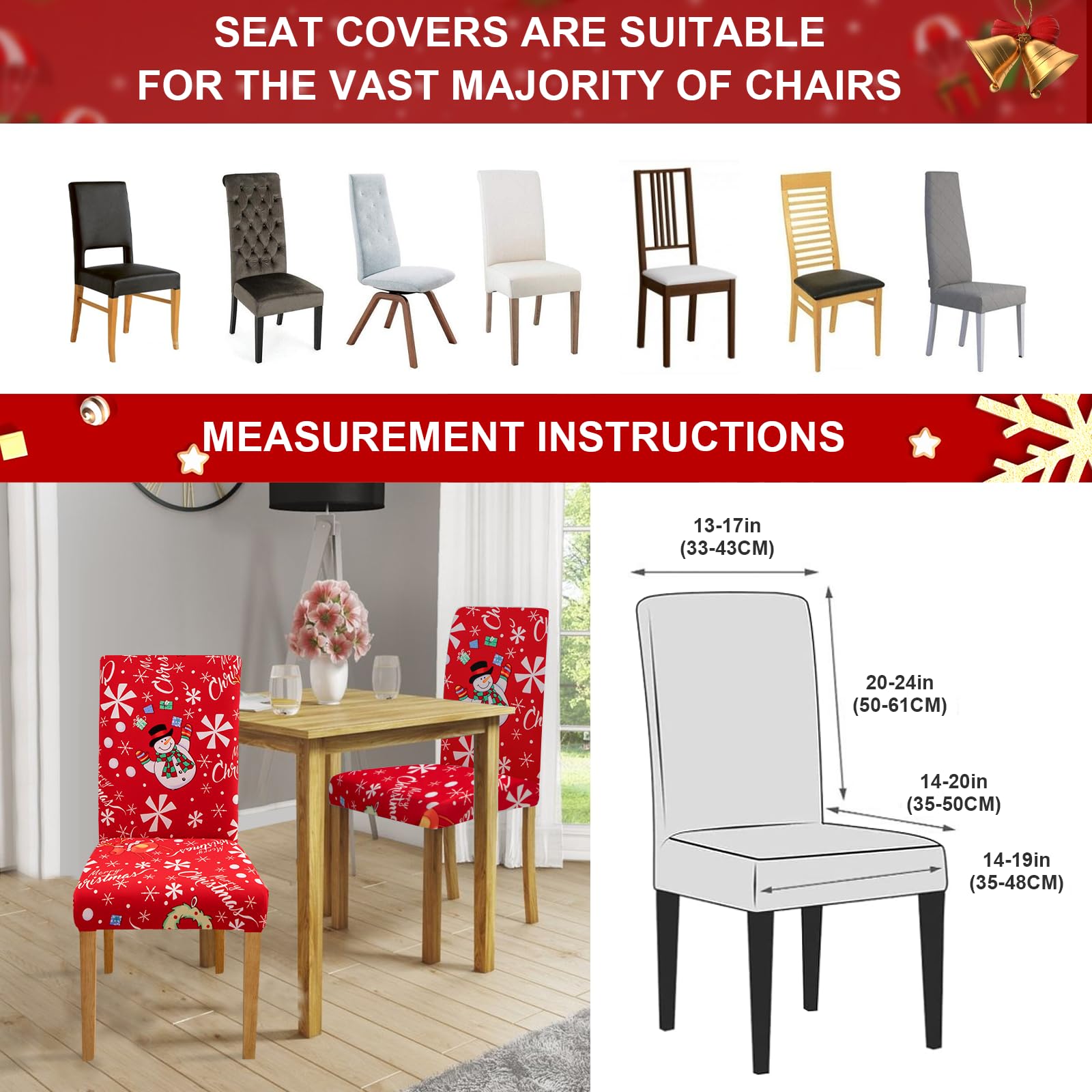 FIGOOO Coprisedie Natalizie con Schienale 6 Pezzi Xmas Coprisedia per Sala da Pranzo Spandex Fodera per Sedia da Cucina Coprisedia Decorativo Natalizio(Fiocchi di Neve,6pcs)