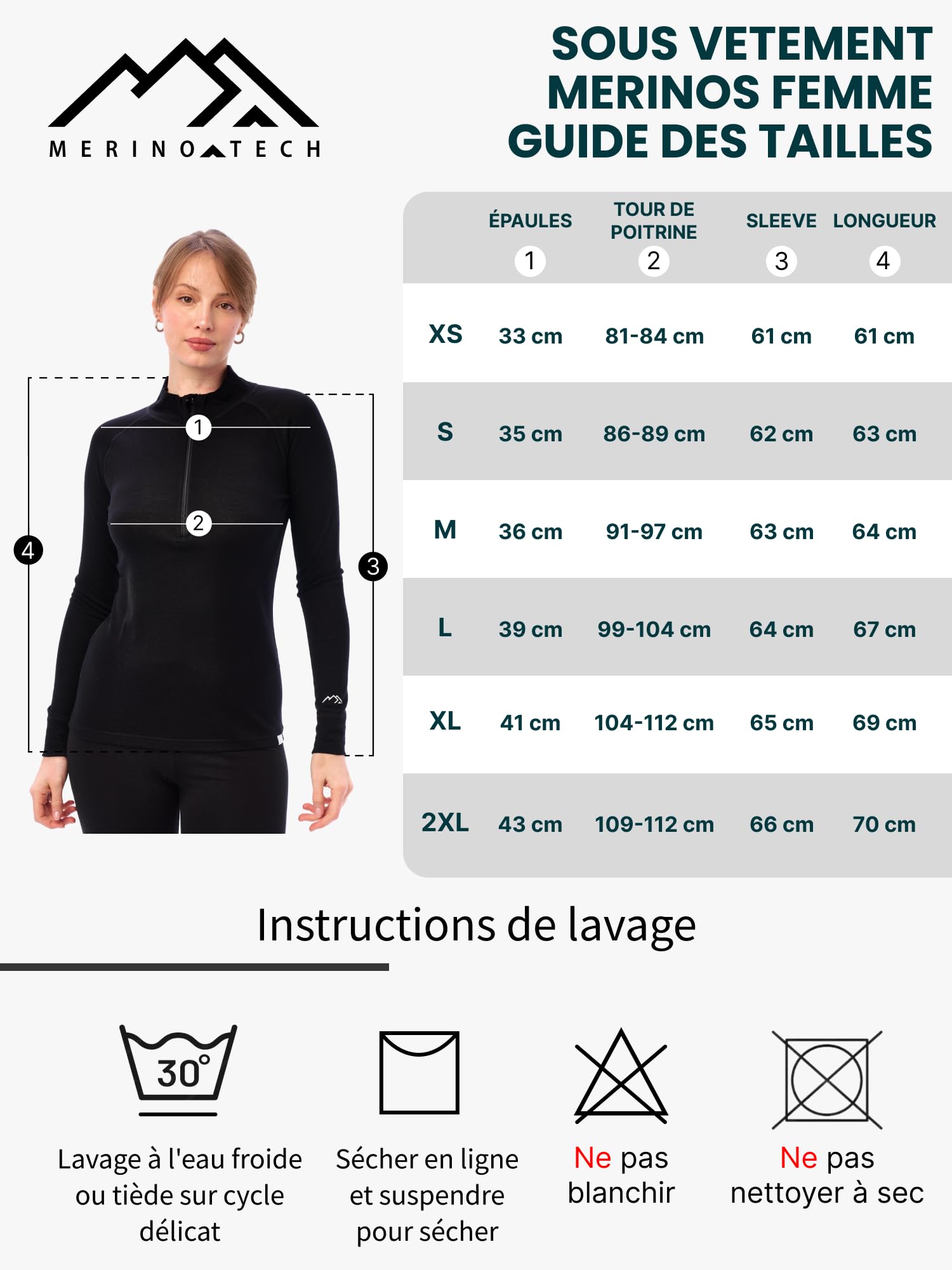 Merino.tech 100% Demi-Zip Pull Laine Merinos Femme + Chaussettes | Sous Couche Merinos Léger, Moyen, Épais, Respirant, Anti-Odeur Naturel, Idéal pour la Randonnée, Ski, Voyage, Non-Irritant
