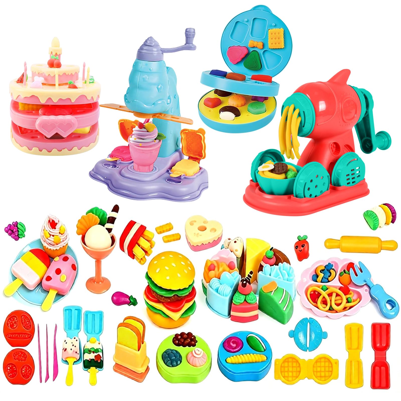 Set di Pasta modellabile Colorata 4 in 1 | Macchina per Fare Hamburger e Noodles al Gelato, kit di Utensili per Plastilina da 24 colori di Pasta