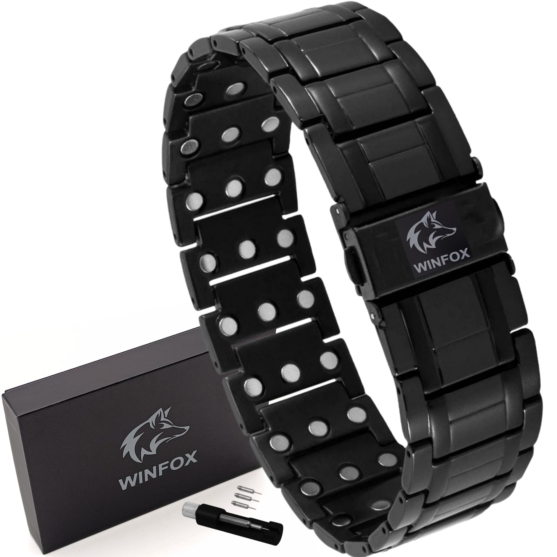 Bracelet Magnetique Homme PREMIUM, Titane, Le Plus Puissant du marché, Bijou Aimanté Inoxydable, Ultra Résistant, 60 Aimants en Néodyme de Terre Rare, Outil de Dimensionnement, WINFOX777