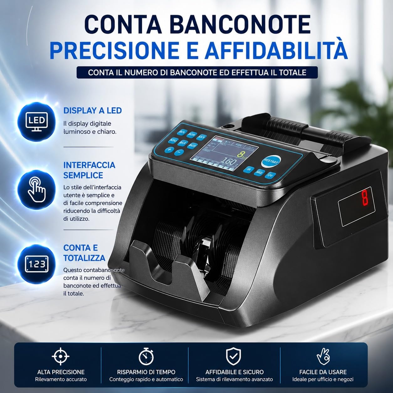 Macchina Contabanconote Professionale Multivaluta Euro Dollari Contatore Misto con Rilevatore Banconote False UV MG Doppio Display LCD Conteggio 1000 Banconote/min