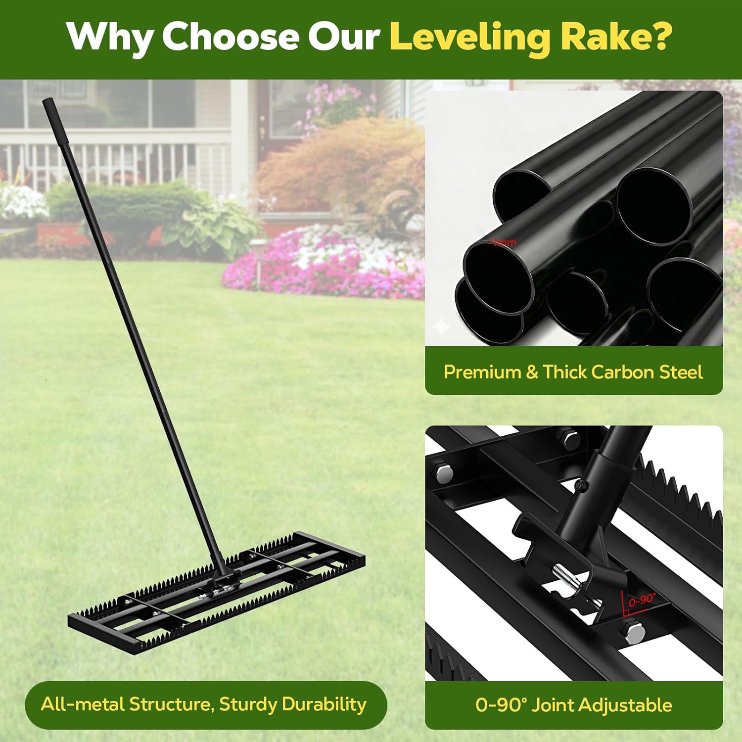 Lawn Leveling Rake, 2-in-1 Double Side Lawn Leveler Tool with 32x10in Ground Plate & Adjustable 78in Handle, Heavy Duty Carbon Steel Landscape Leveler for Grass Yard Garden Soil Sand Gravel