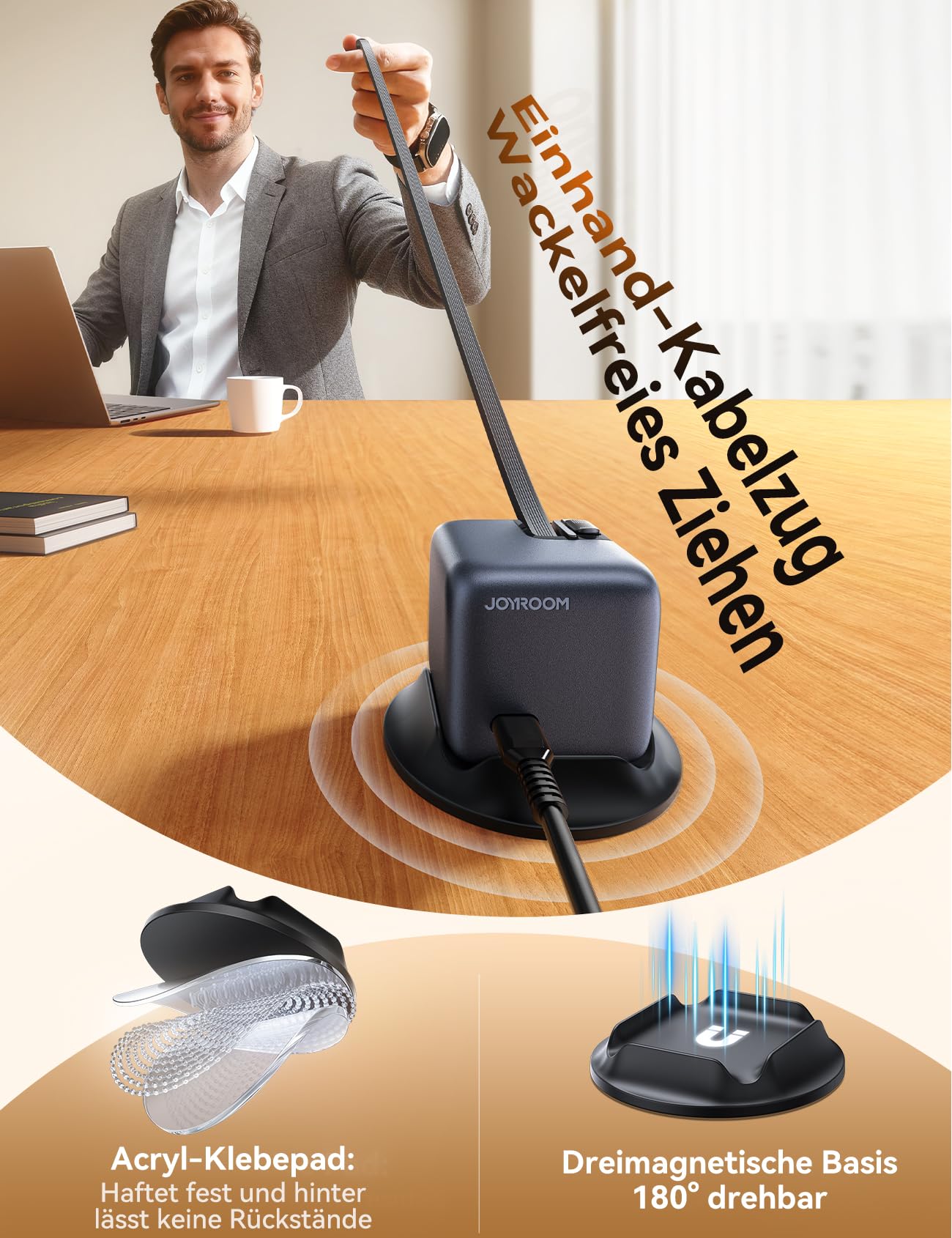 JOYROOM PODIX 140W 5‑in‑1 GaN Ultra Ladelstation, USB‑C Schnellladegerät mit 2 retraktablen 100W Kabeln (80 cm), 1,54" Smart LCD‑Anzeige, kompatibel mit MacBook, iPhone, Samsung | Für Büro & Zuhause