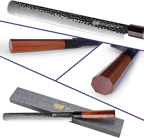 Miniatura 4 de FINDKING Dynasty Series 12" Cuchillo de jamón de acero revestido y protector magnético de borde de cuchillo de nogal