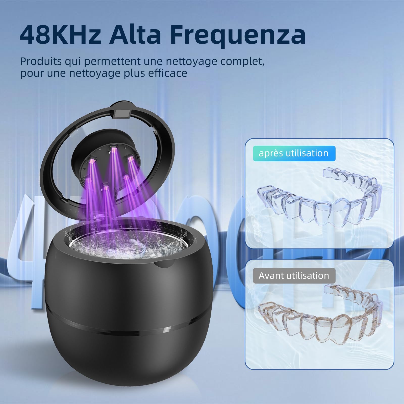 Nettoyeur Ultrasons sans Fil 48000Hz 210ML Bac Ultrasons Rechargeable Dental Pod 6 UV Lampe 4 Modes pour Prothèses Dentaires Gouttière Retainer Bijoux