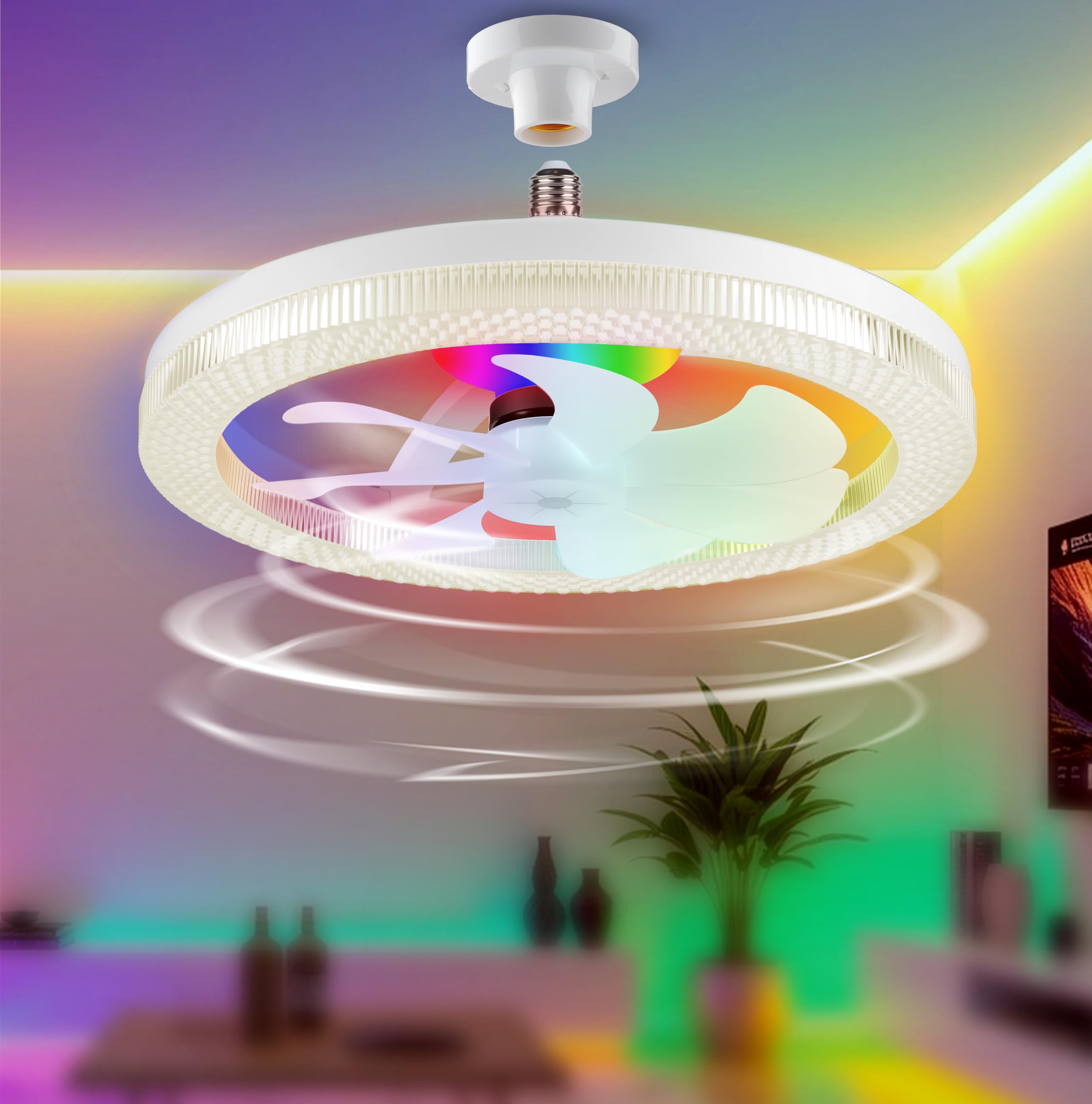Photo 1 of Small CRAYALIU 2 in 1 RGB Ceiling Fans with Lights, 14" Dimmable Ceiling Fan Light with 3000K-6500K/40W, Modern Flush Mount RGB Ceiling Fan Light with Remote, Bedroom Chandelier Fan Fixture for Indoor