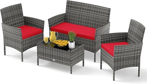 Miniatura 17 de RELAX4LIFE Juego de muebles de patio de 4 piezas – Juego de muebles de ratán para conversación al aire libre con cojines, mesa de centro de cristal