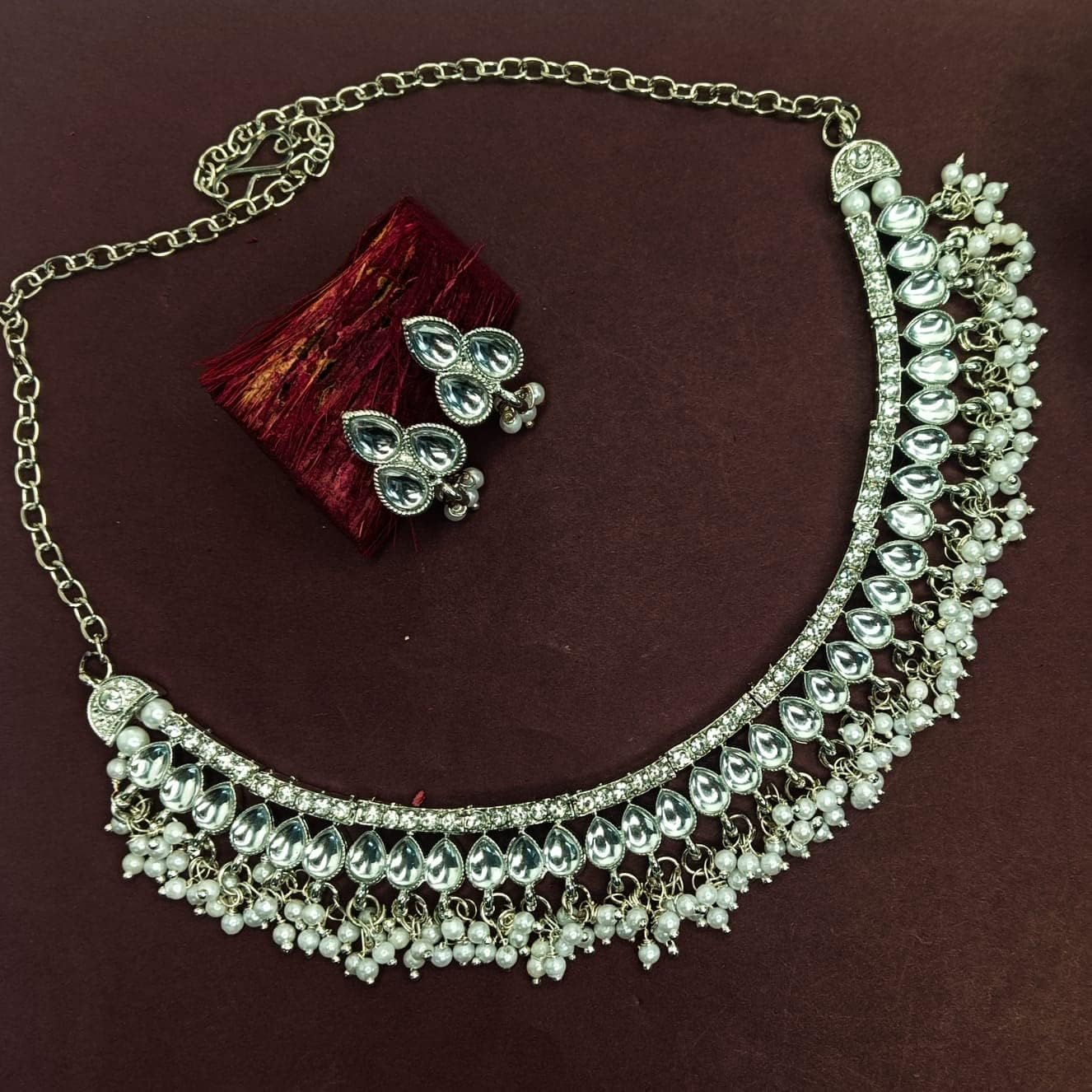 Efulgenz Oxidized Necklace Oxidized Indian Jewelry Set Boho Oxidised Crystal Choker Necklace Faux Pearl Drop Earrings Set for Women - Image 2