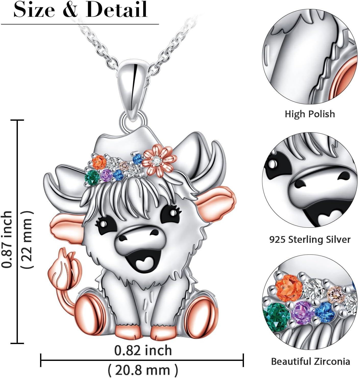 DAOCHONG S925 Sterling Silver Scotland Highland Cow Cattle Colorful CZ Pendant Necklace for Women Jewelry - Image 5