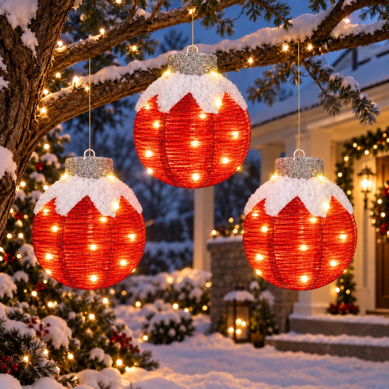 Christmas Light Balls Outdoor, Lighted Hanging Ornaments, Red