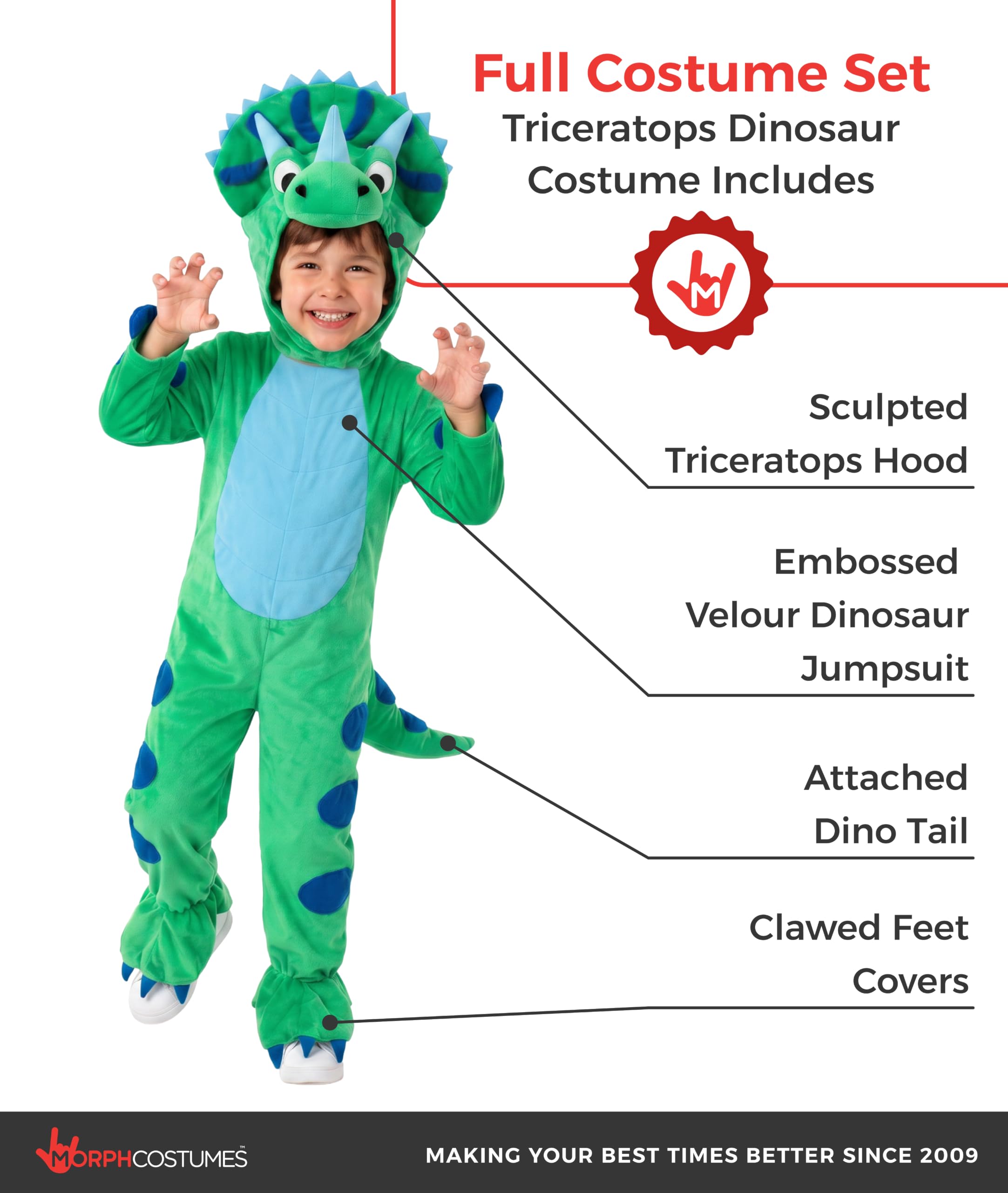 Morph Kostiumy trikeratops dzieci kostium dinozaurów dla chłopców i dziewcząt fantazyjny kostium na Halloween dostępny w rozmiarach T2 M L