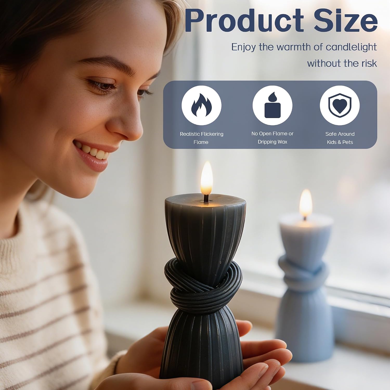 Blue Flameless Pillar Candles with Remote Timer, Twisted, Set of 2 image 5