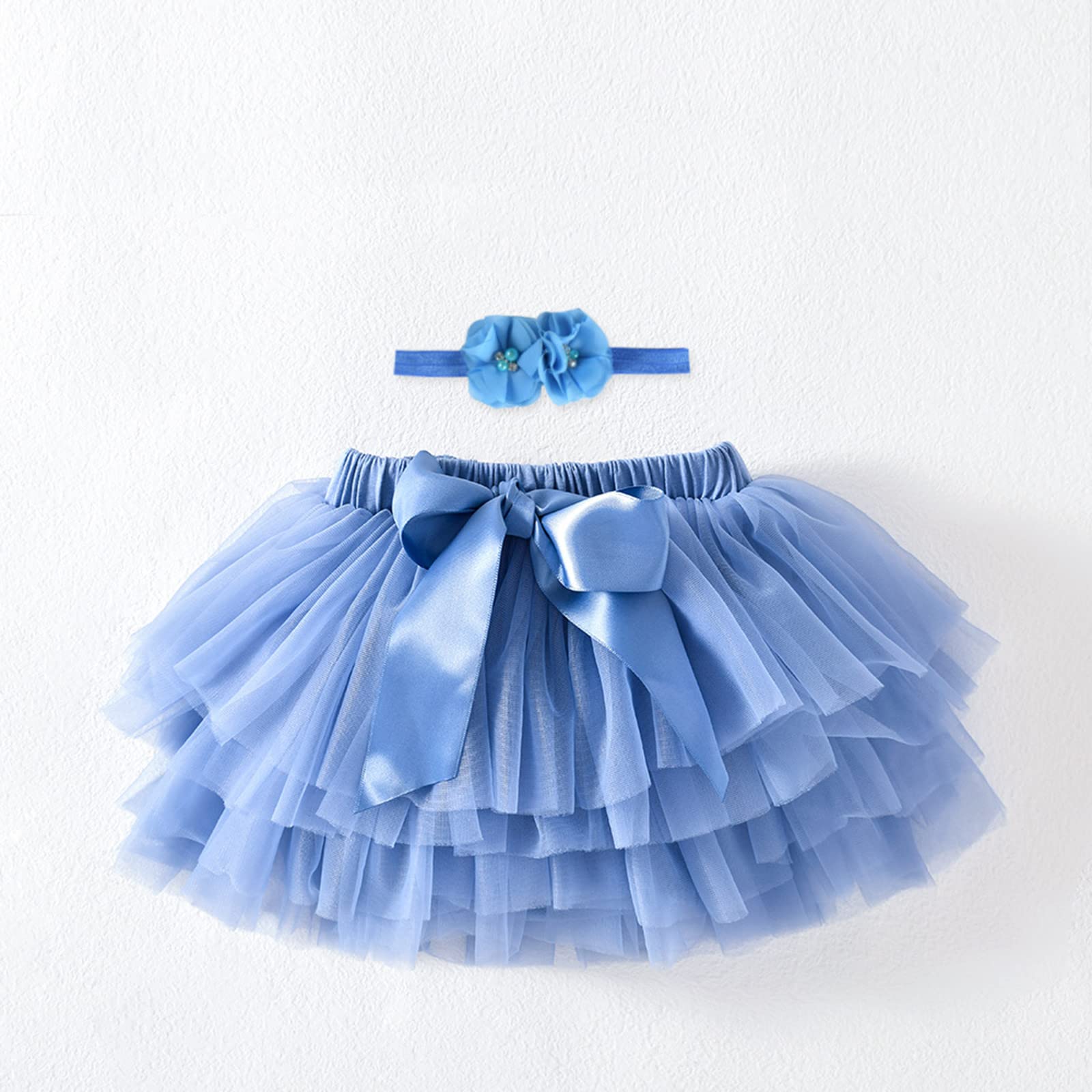 Baby Girl Mesh Tutu Skirt Toddler Girl Layered Ballet Tulle Skirt with Headwear Birthday Carnival (Sky Blue, 0-6 Months)